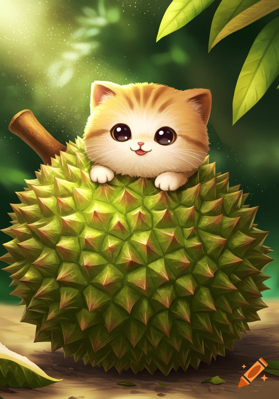 A cute, fluffy orange and white kitten with big black eyes peeking over a green spiky durian fruit in a vibrant jungle setting.