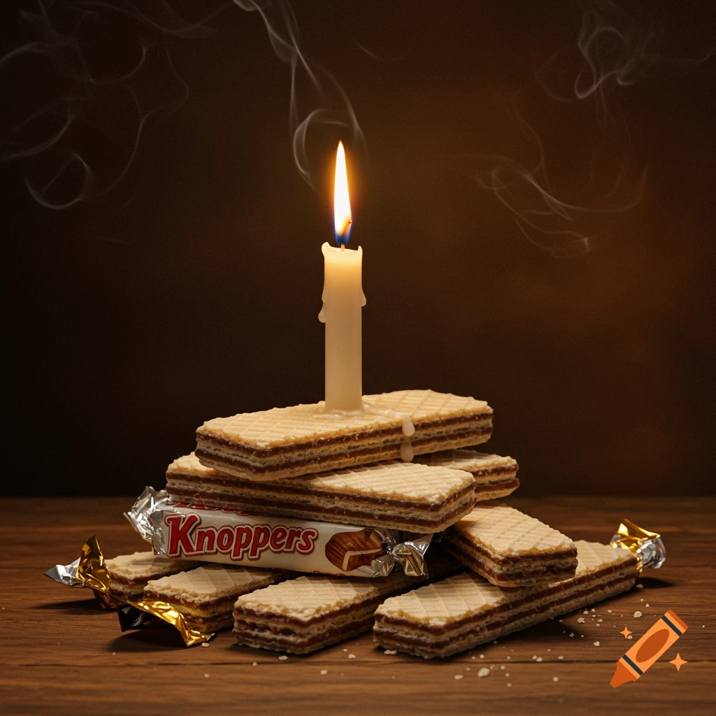 Photorealistic still life of a lit candle on a stack of Knoppers wafers, on a wooden surface with a dark background.