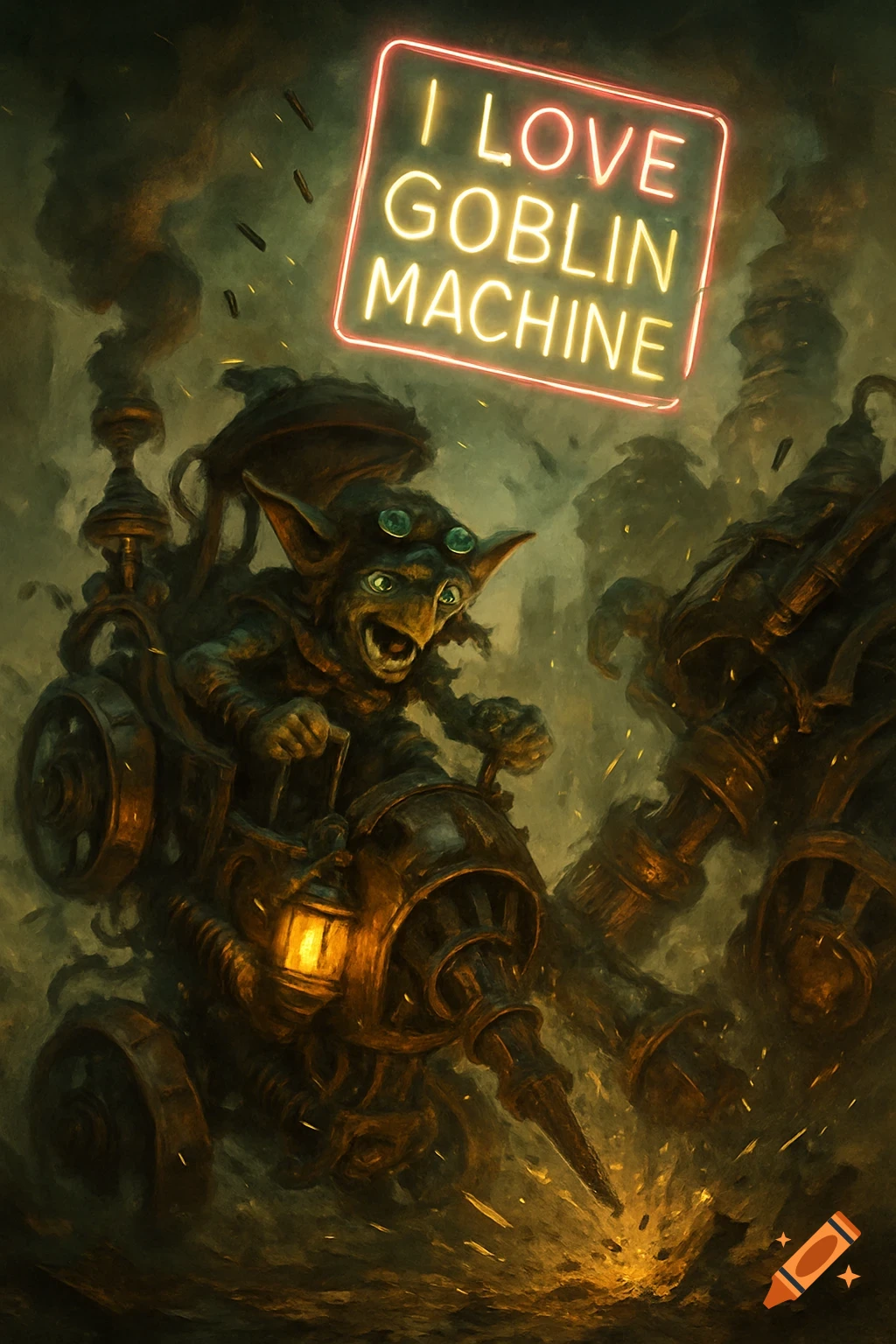 A grinning goblin in goggles drives a steampunk drilling machine, creating sparks. Above, a neon sign reads 'I LOVE GOBLIN MACHINE'.