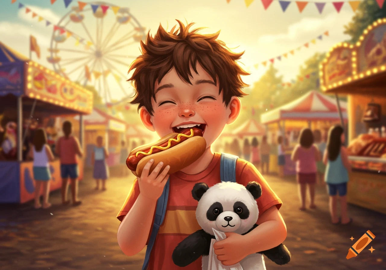 A happy boy with brown hair smiles while eating a hot dog and holding a panda plushie at a sunny carnival, in an illustrative style.