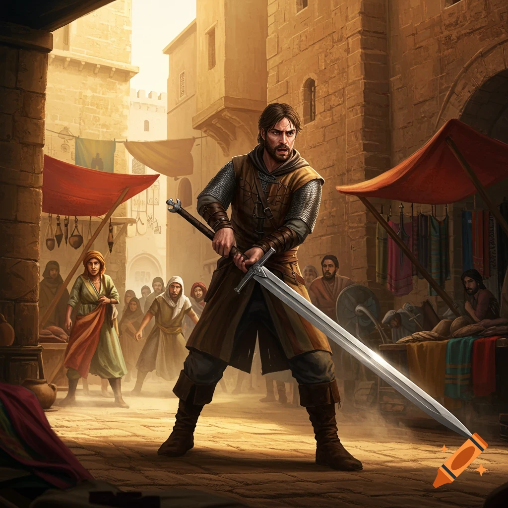 A medieval warrior draws a massive sword, pushing through a crowded, sunlit market street with stone buildings and stalls in a dramatic fantasy illustration.