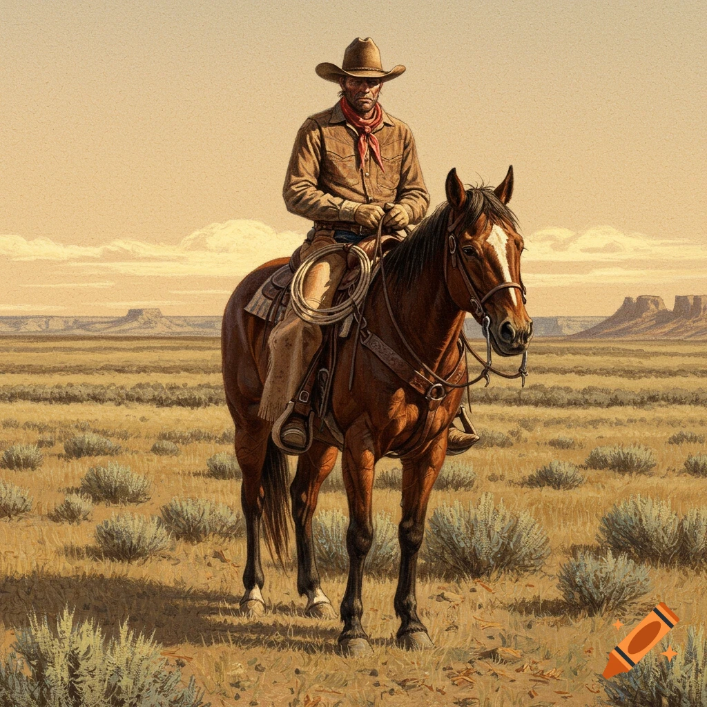 A cowboy on a horse in a desert landscape with mountains in the background, in a traditional illustration style.