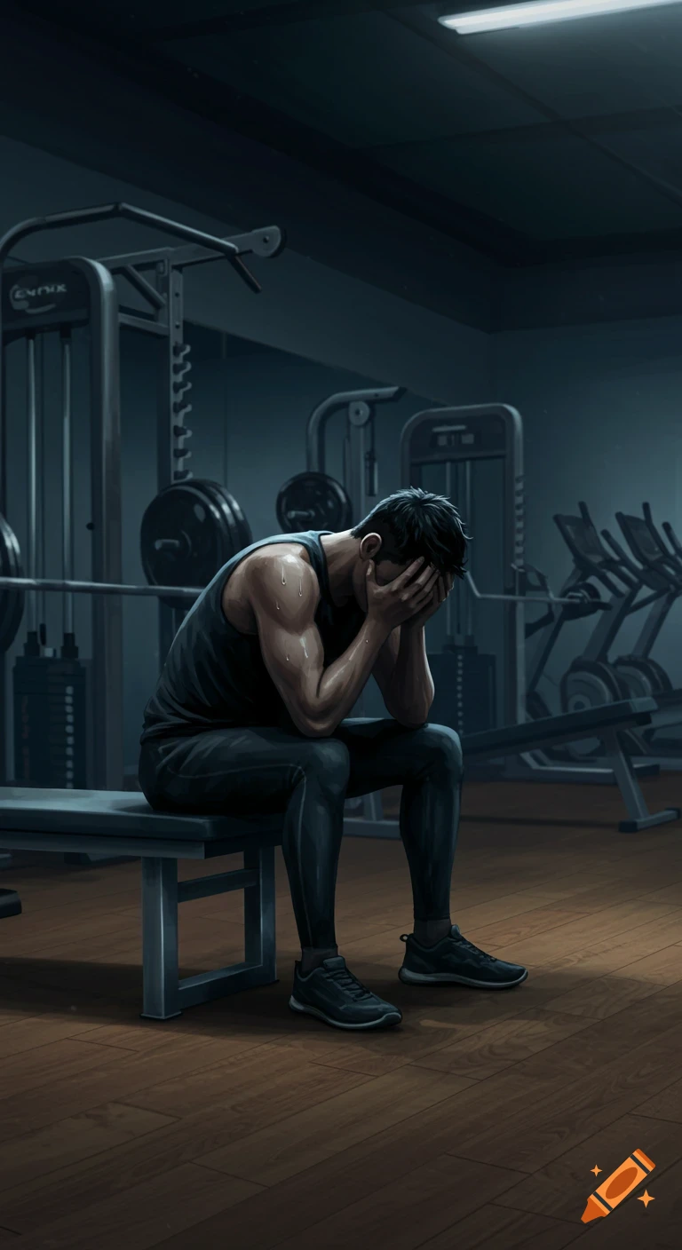 An illustrated man in athletic wear sits on a gym bench, his face buried in his hands in disappointment, surrounded by equipment.
