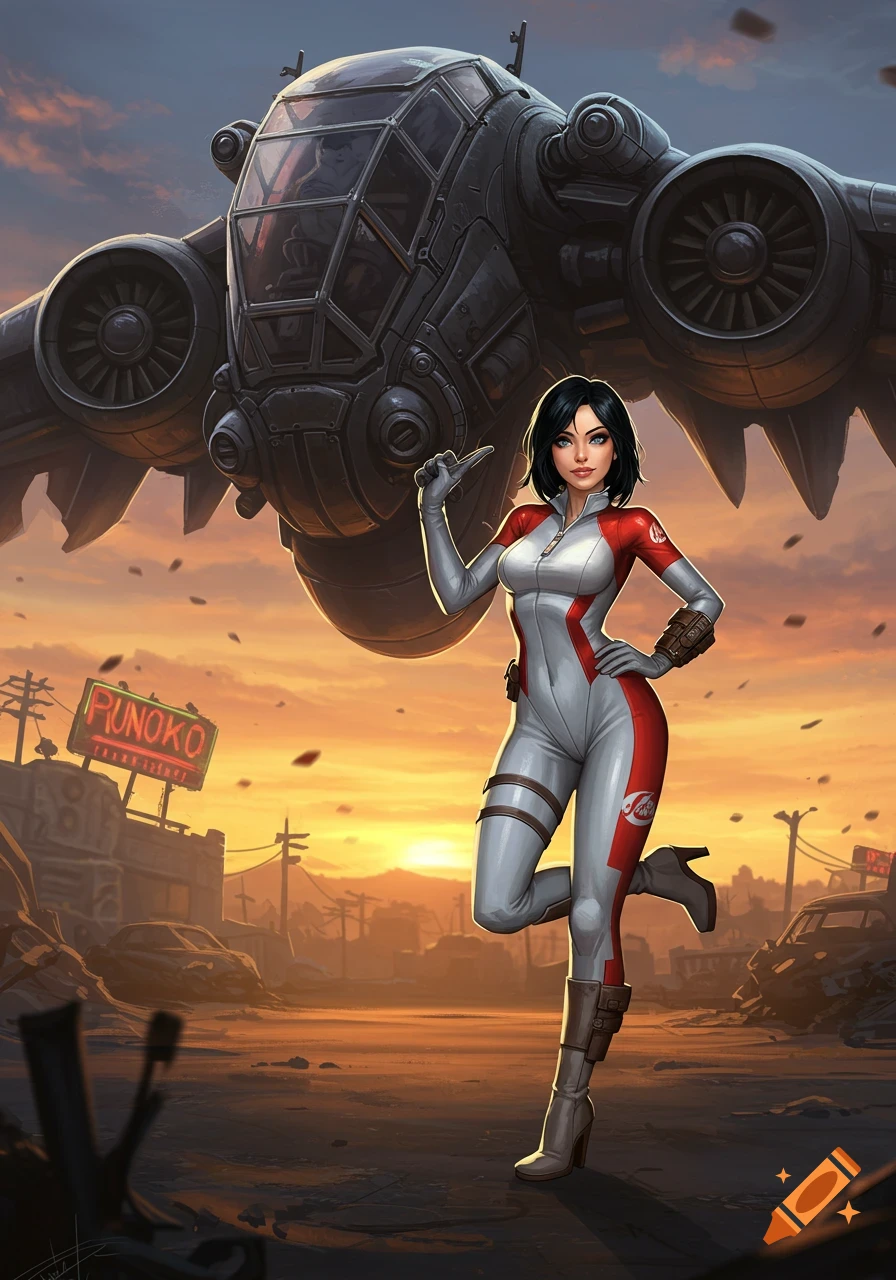 A woman in a futuristic white and red pilot suit poses next to a large, grey flying vehicle at sunset in a post-apocalyptic wasteland. Comic art style.