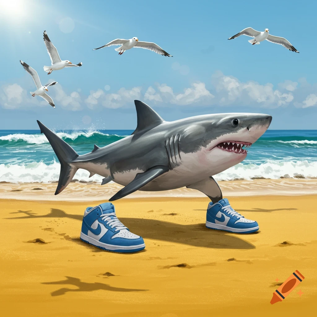 A great white shark stands on a sandy beach wearing blue and white sneakers, with seagulls flying overhead and ocean waves in the background. Stylized art.