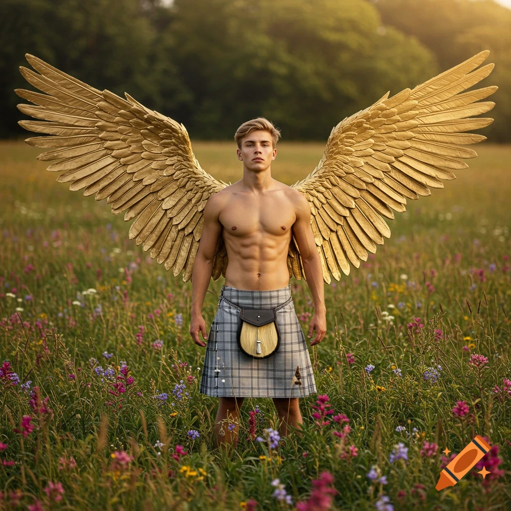 A shirtless young man with large golden wings and a kilt stands in a vibrant wildflower meadow, photorealistic.