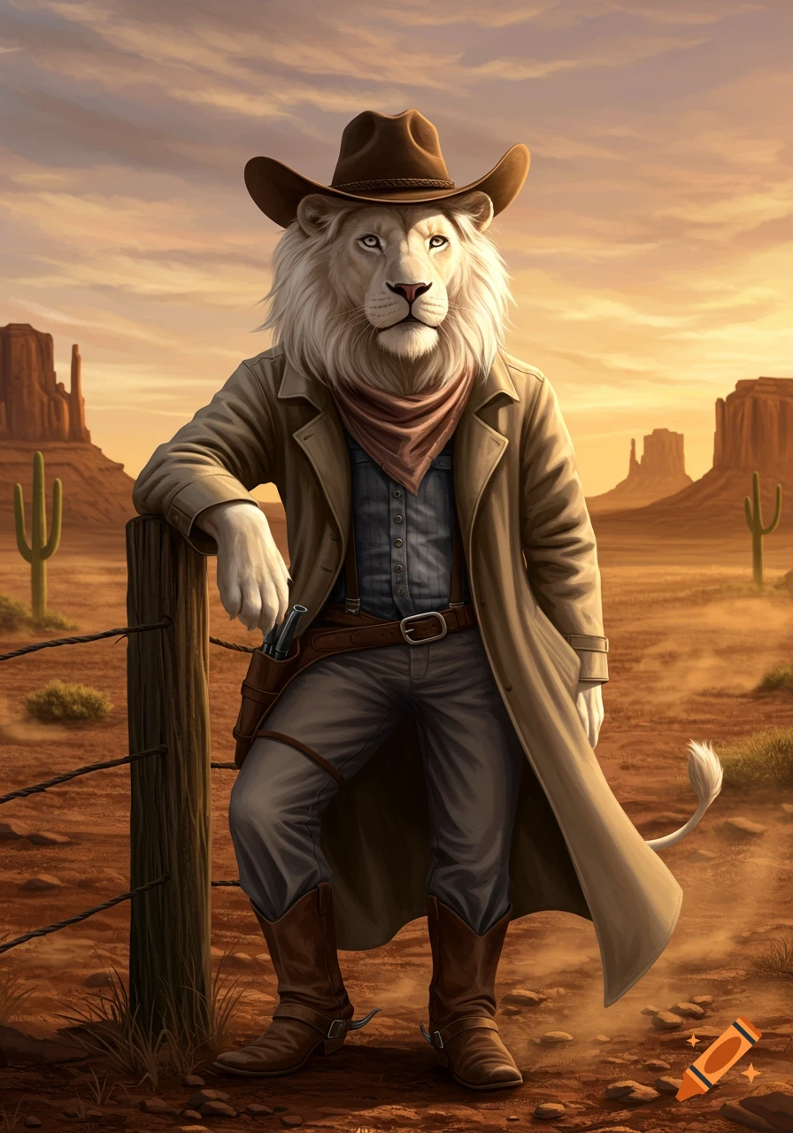 A white lion cowboy leans on a fence post in a desert at sunset, digital painting.