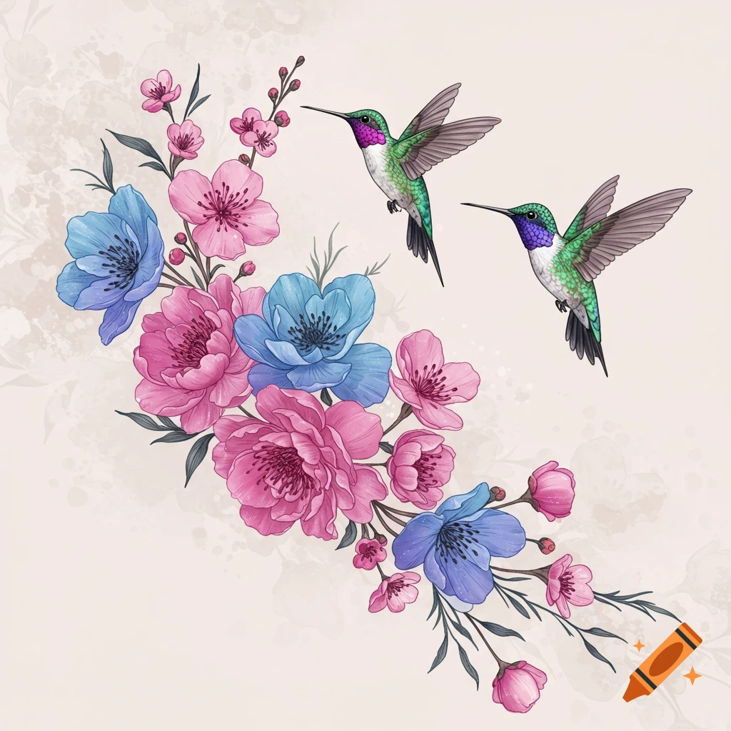 Two colorful hummingbirds fly near a bouquet of pink and blue flowers in an illustration style.