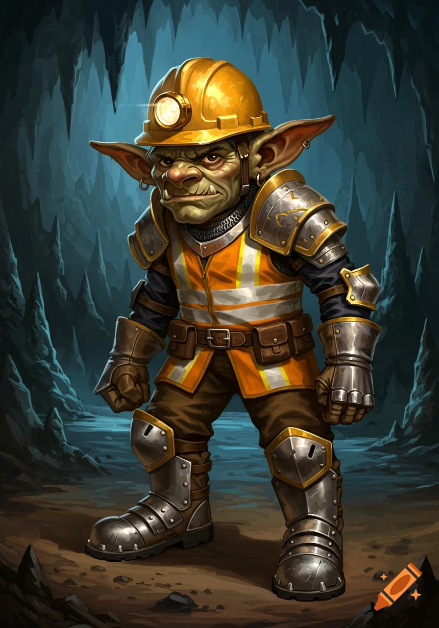 A grumpy goblin miner wearing a yellow hard hat with a light, an orange safety vest, and steel armor, standing in a dark cave.