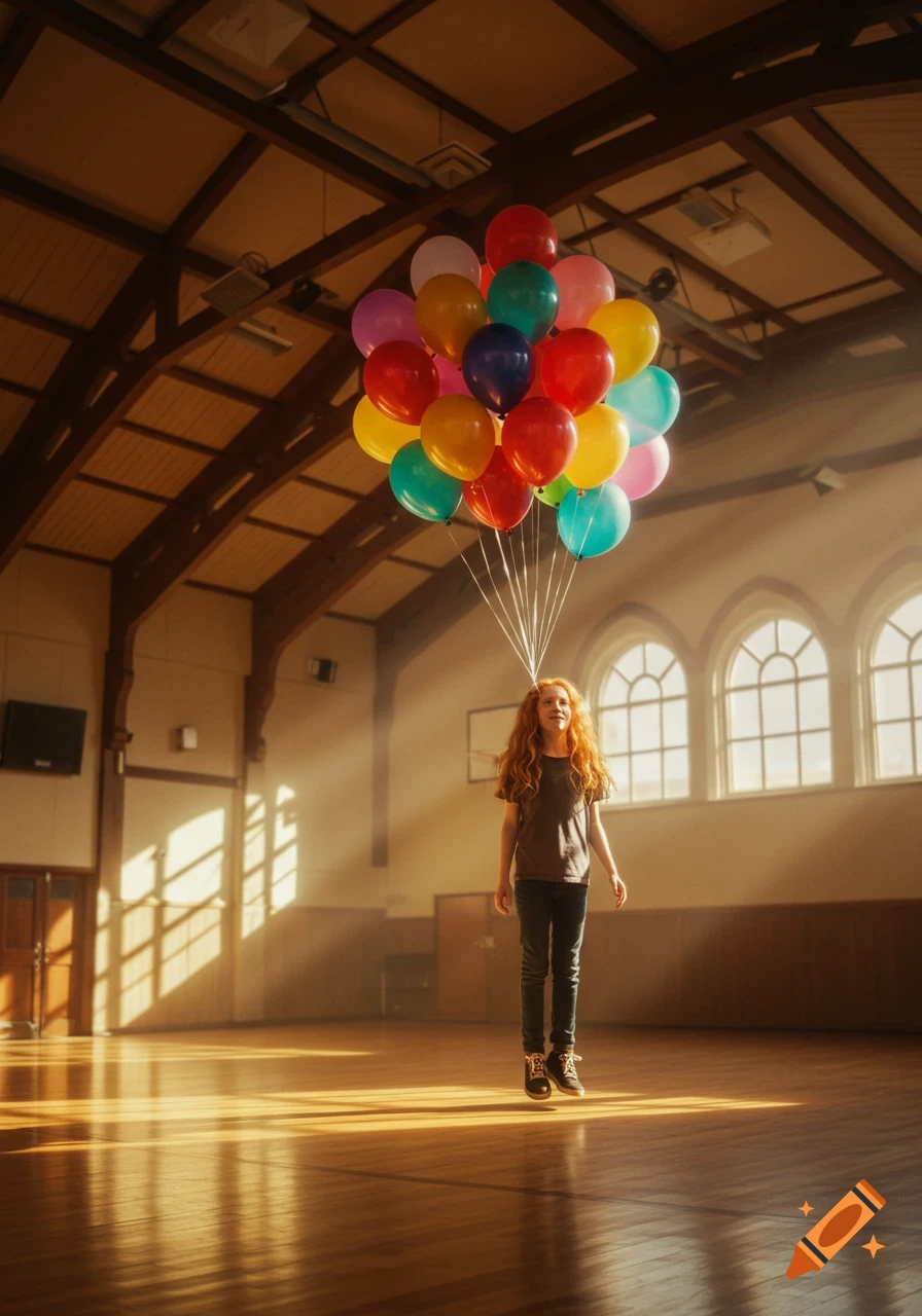 A child with long ginger hair floats in a sunlit school gymnasium, holding a large bunch of colorful balloons.