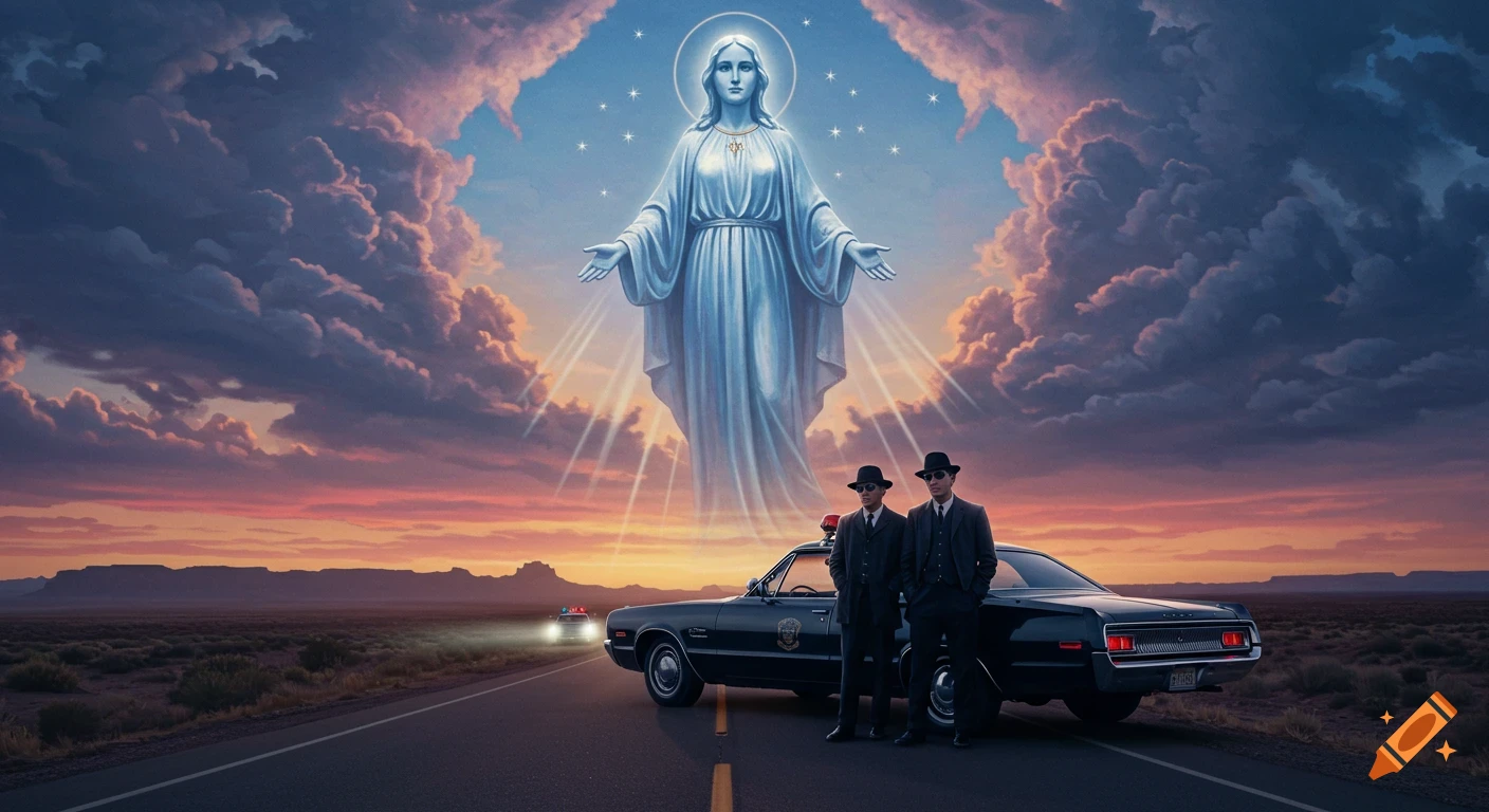 A divine figure similar to the Virgin Mary appears in a cloud-filled sky over Jake and Elwood Blues with their Bluesmobile on a desert highway at sunset. Police cars approach in the background.