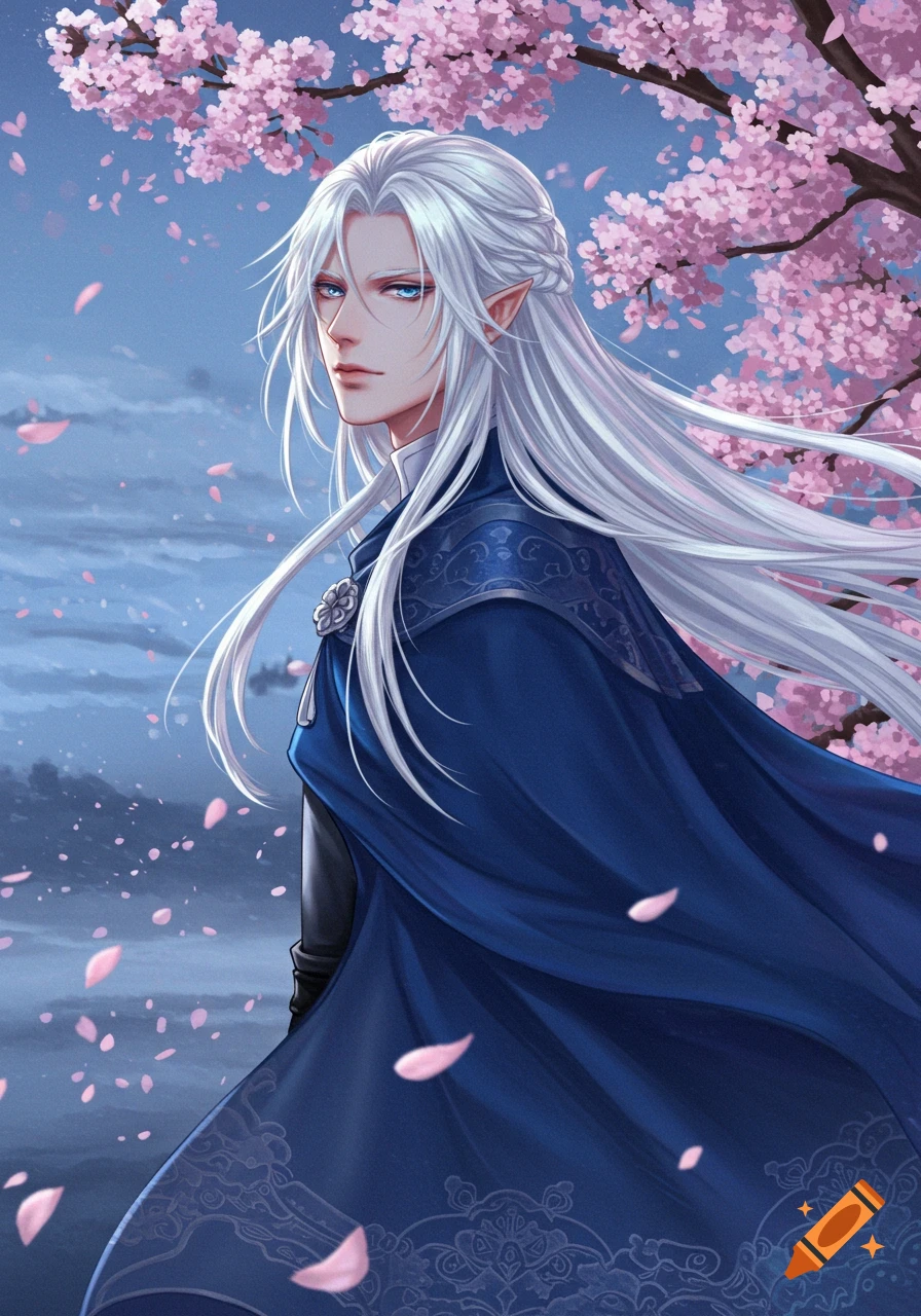 Handsome anime man with long white hair, pointed ears, and a blue cape, under cherry blossoms.