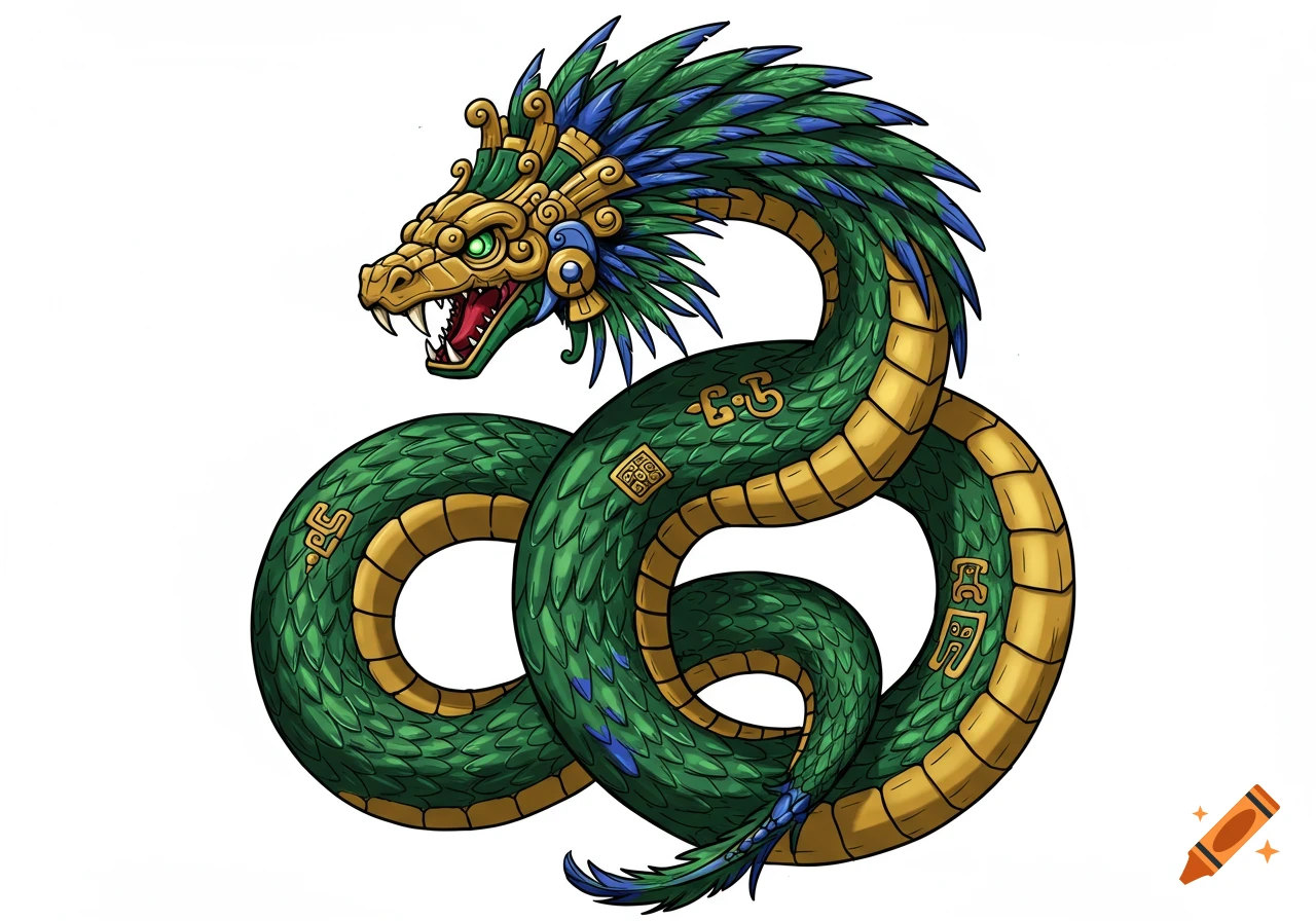 Vibrant green and gold feathered serpent with blue accents, coiled on a white background in a manga illustration style.