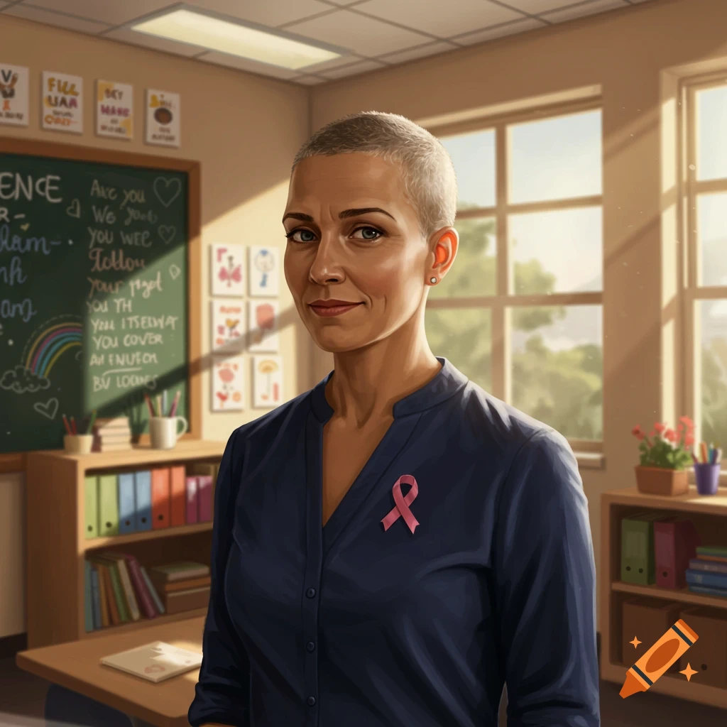 A bald woman in a navy shirt with a pink ribbon stands in a classroom, smiling at the viewer.