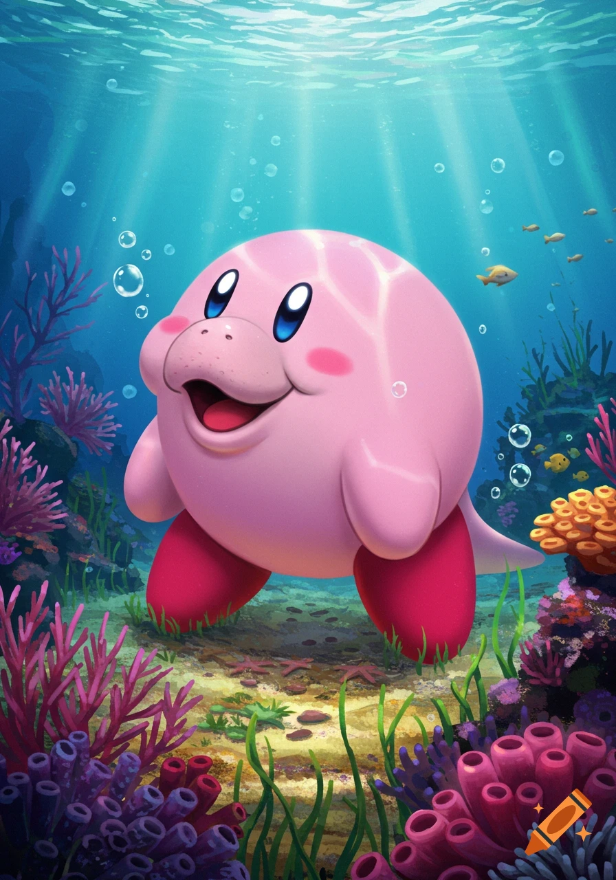 A smiling, pink, dugong-like Kirby character stands in a vibrant underwater coral reef with sunbeams and bubbles.