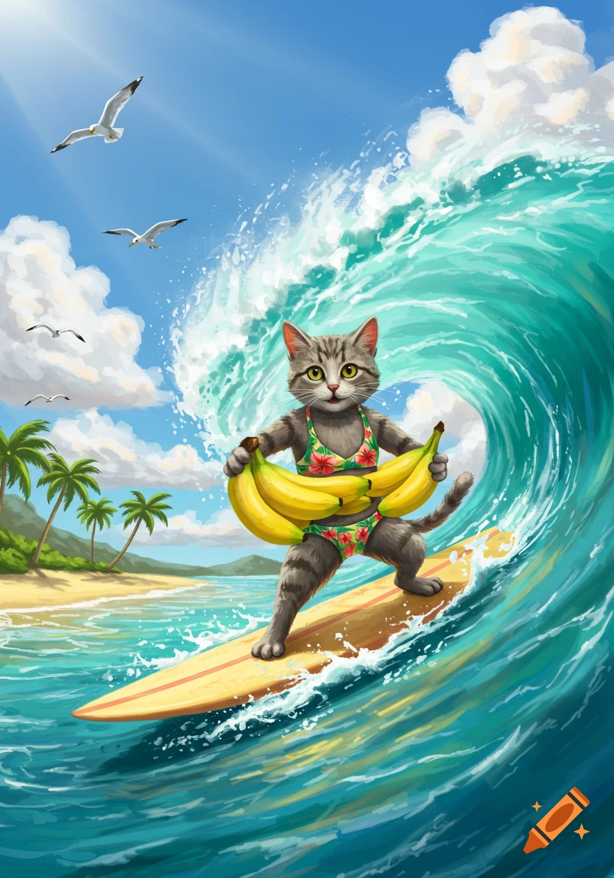Cartoon cat in a floral bikini holding bananas, surfing a large wave. Beach with palm trees and seagulls in the background.