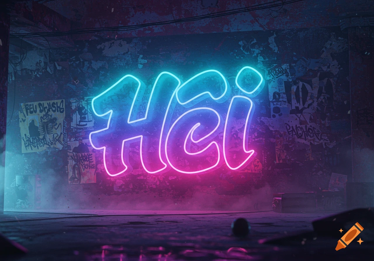A vibrant pink and blue neon sign displaying the word 'Hei' in a grungy, graffiti-covered urban alleyway, with atmospheric mist and reflections.