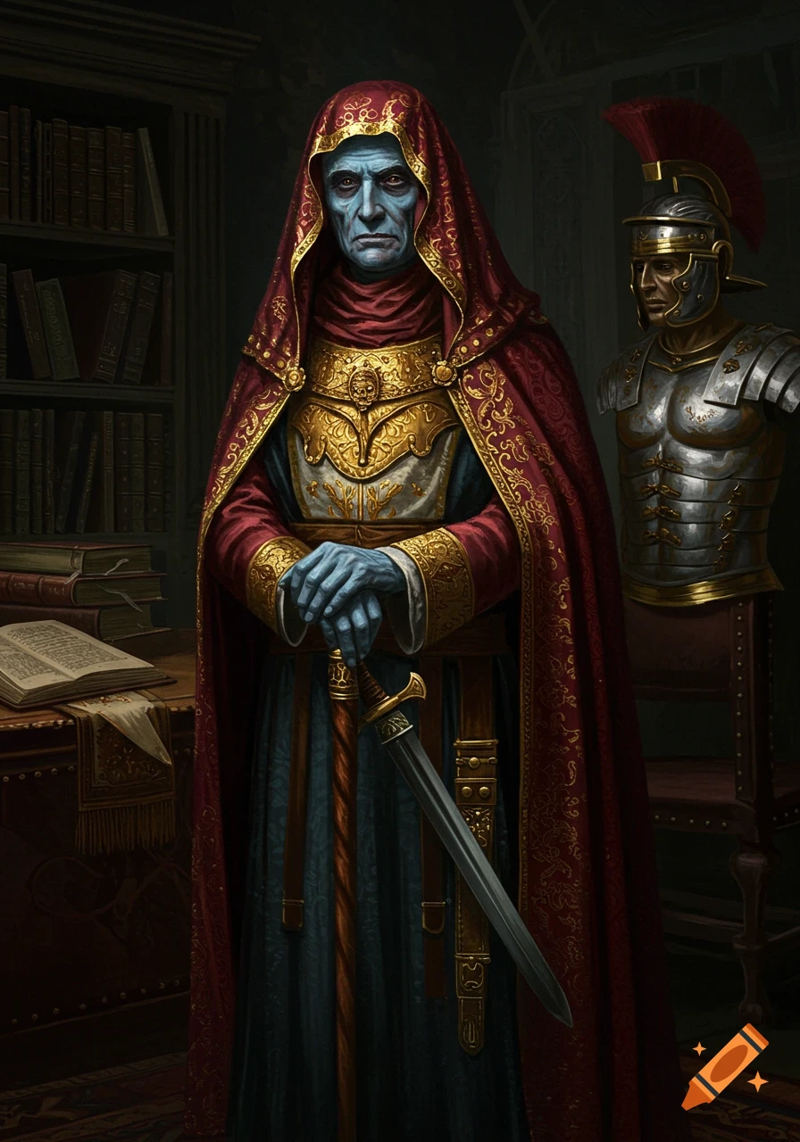 An old man with pale blue skin in an ornate red and gold hooded robe holds a sword in a room with books and Roman armor.