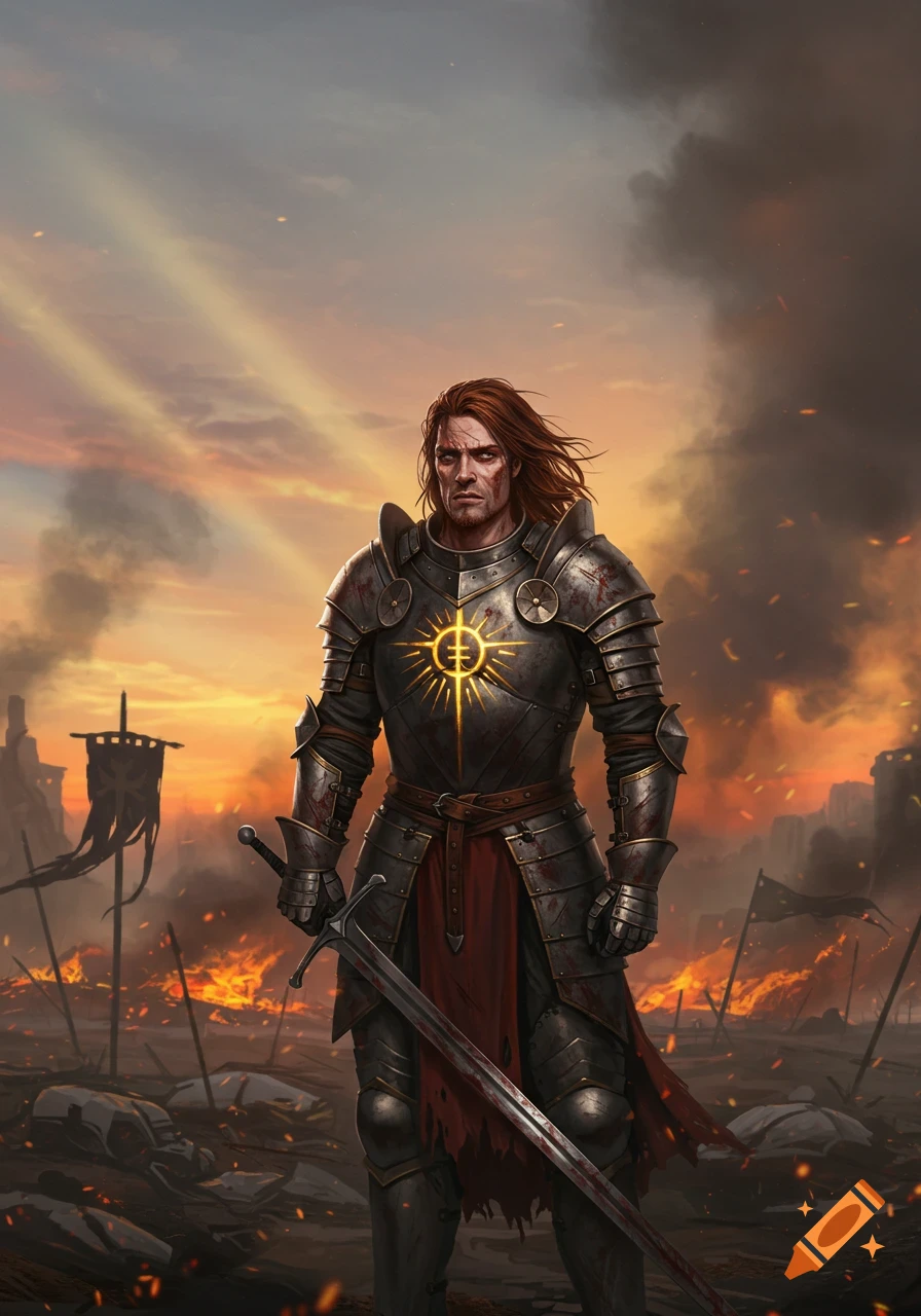 Battle-hardened knight in blood-stained armor stands on a burning battlefield at sunset, holding a sword.