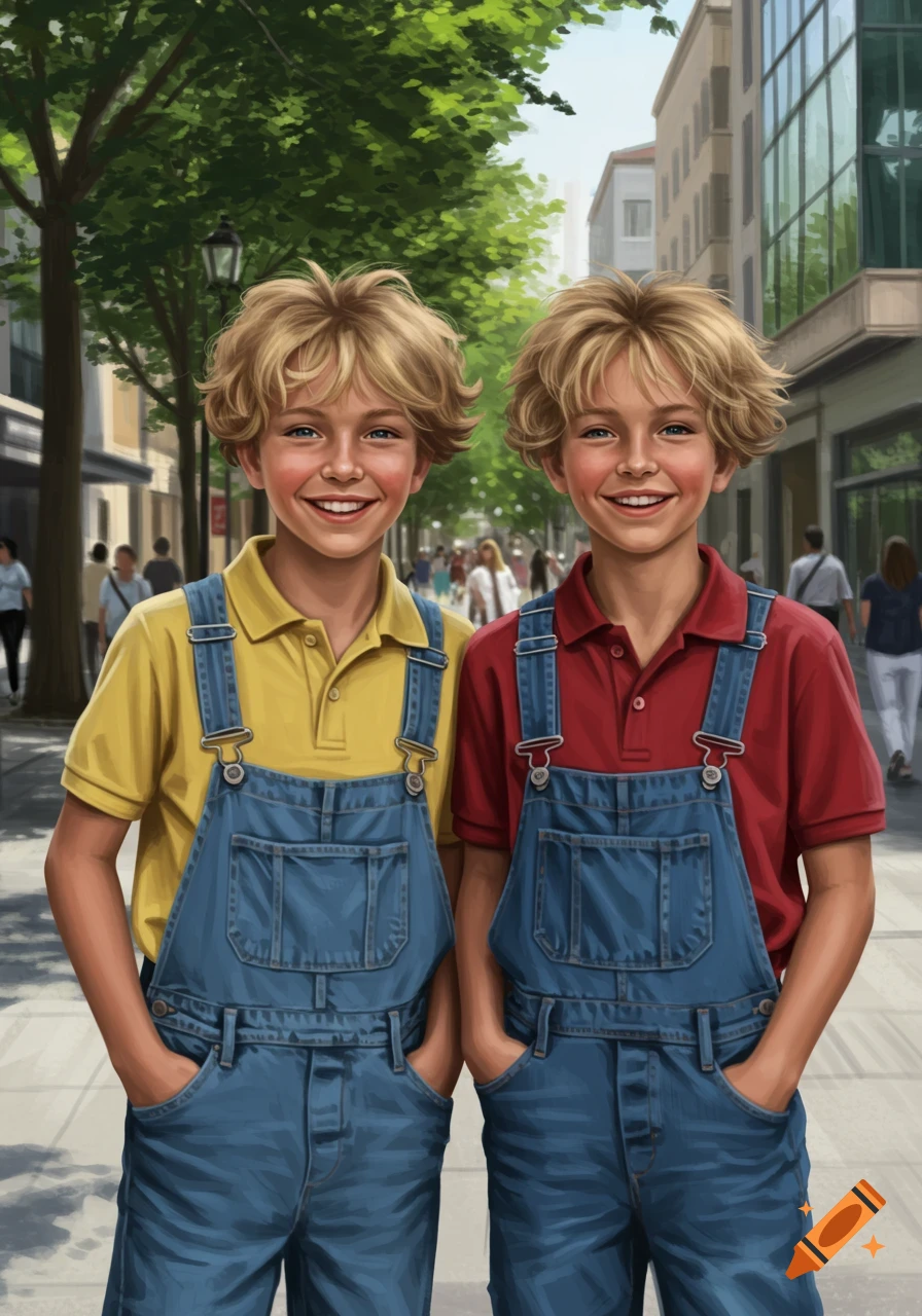 Two smiling blonde boys in denim overalls and polo shirts on a sunny, realistic city street.