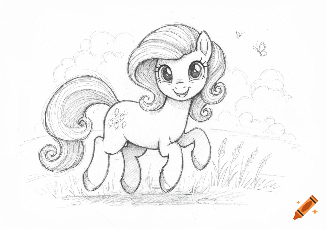 Pencil drawing of a smiling cartoon pony with a curly mane and tail, standing in a field under a cloudy sky with butterflies.