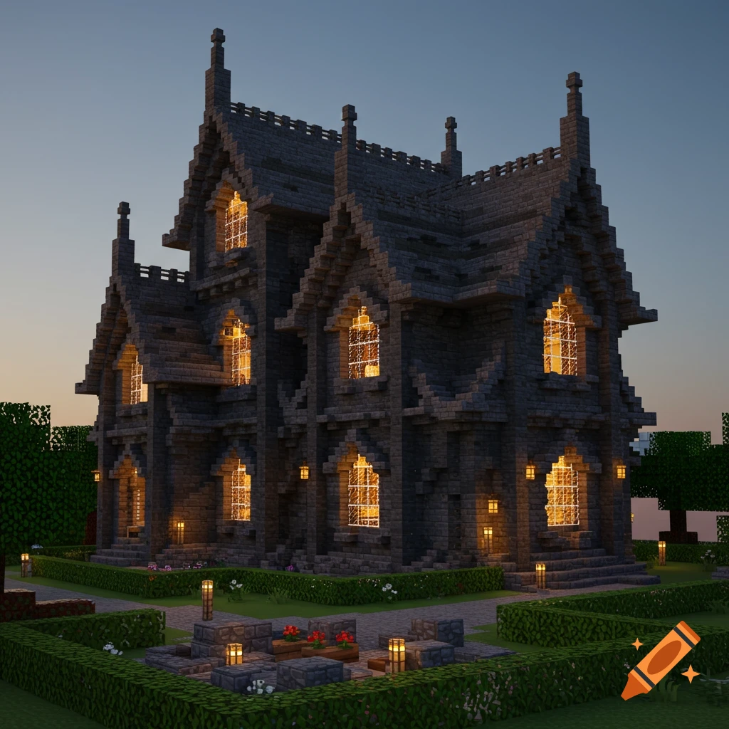 A dark Gothic-style house made of blocks in a Minecraft setting, with glowing windows at dusk.