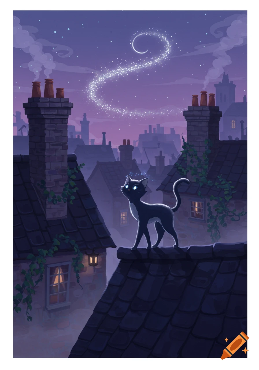Whimsical illustration of a black cat on a dark city rooftop at night, gazing at a sparkling magical trail and crescent moon in the purple sky.