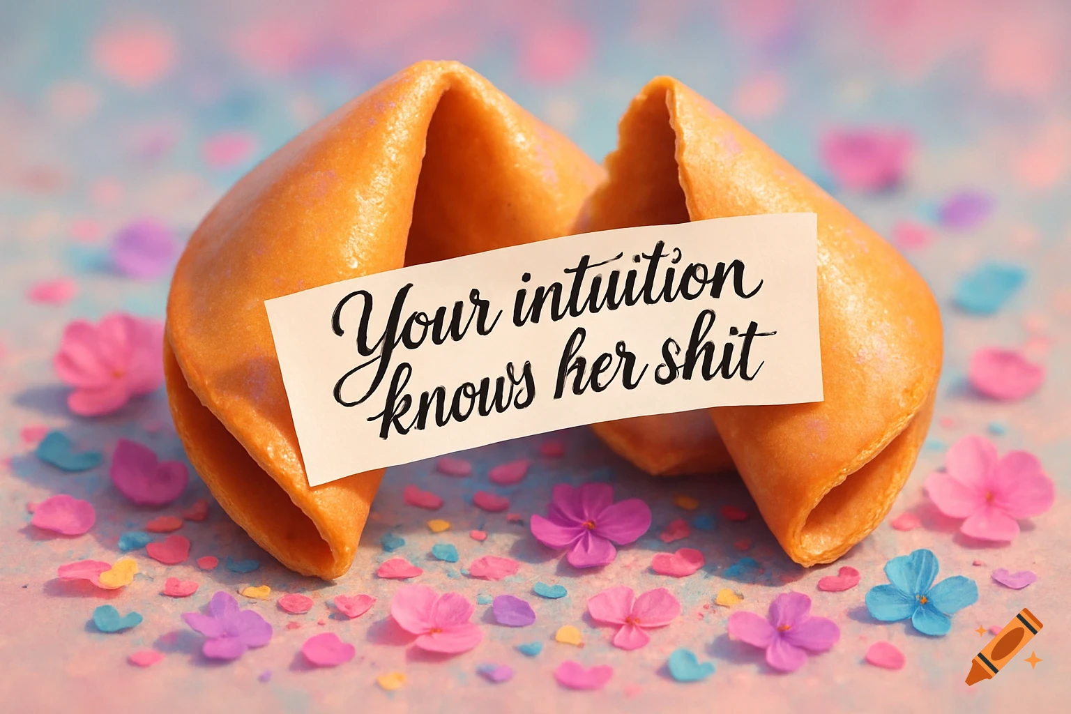 A fortune cookie with a message "Your intuition knows her shit" on a pastel background with small colorful flowers and hearts.