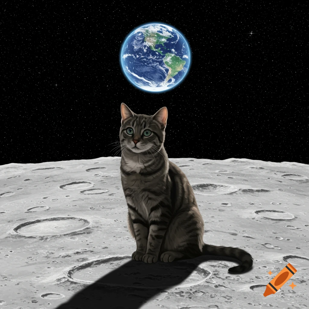 A tabby cat sits on the cratered surface of the moon, gazing forward with Earth visible in the starry black sky above.