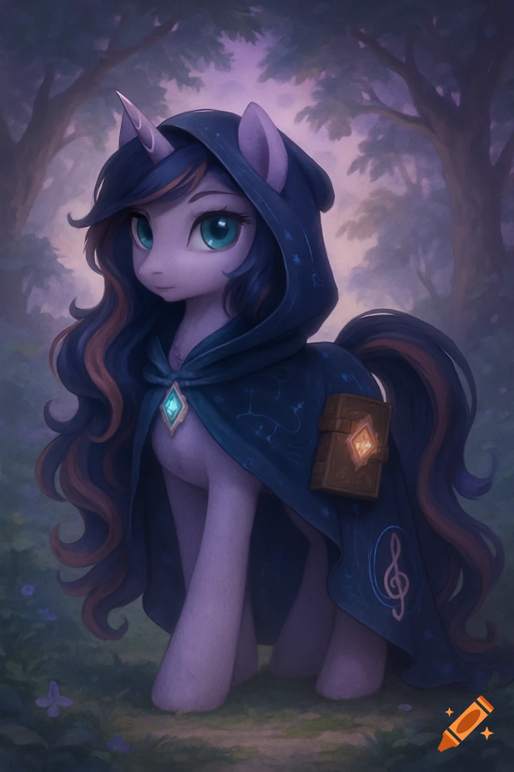 A stylized purple unicorn pony wearing a hooded, star-dappled midnight blue cloak with a glowing teal pendant, holding a small enchanted book, in a mystical forest setting.