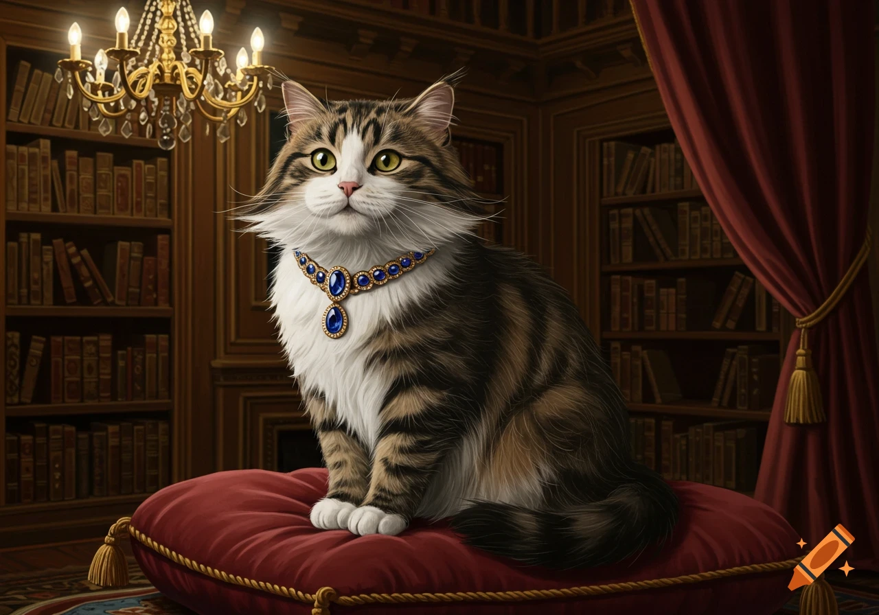 Regal brown and white tabby cat with a blue jewel necklace, sitting on a red pillow in a luxurious library.