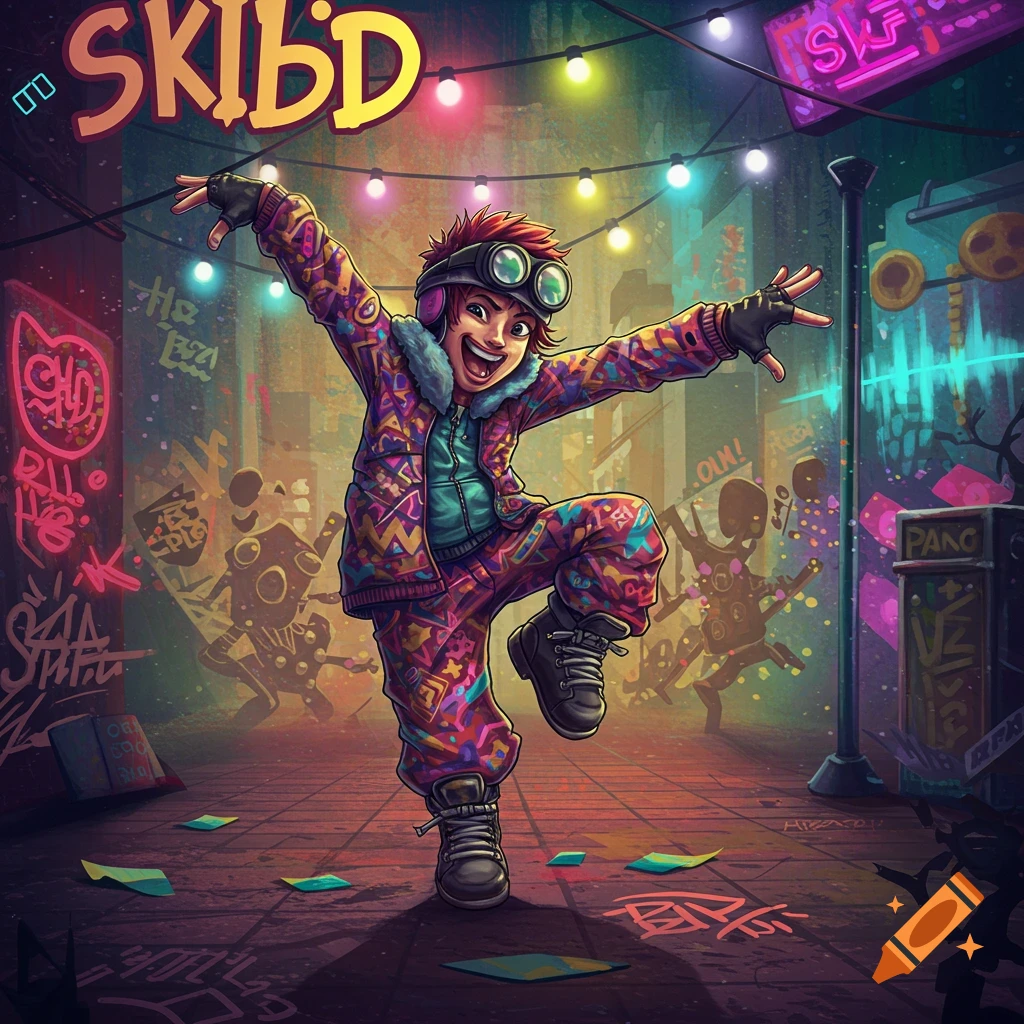 A vibrant cartoon character with red hair, goggles, and a colorful patterned jumpsuit dances in a graffiti-covered urban alley under string lights, with 'SKIBID' text overhead.