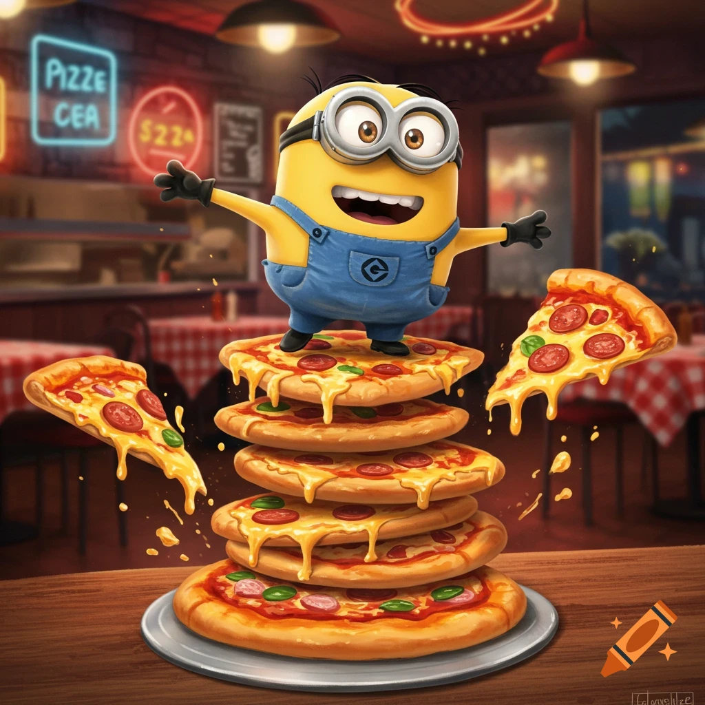 A smiling Minion in overalls balances on a tall stack of cheesy pepperoni pizzas in a cozy pizzeria. Several pizza slices fly around with melting cheese.