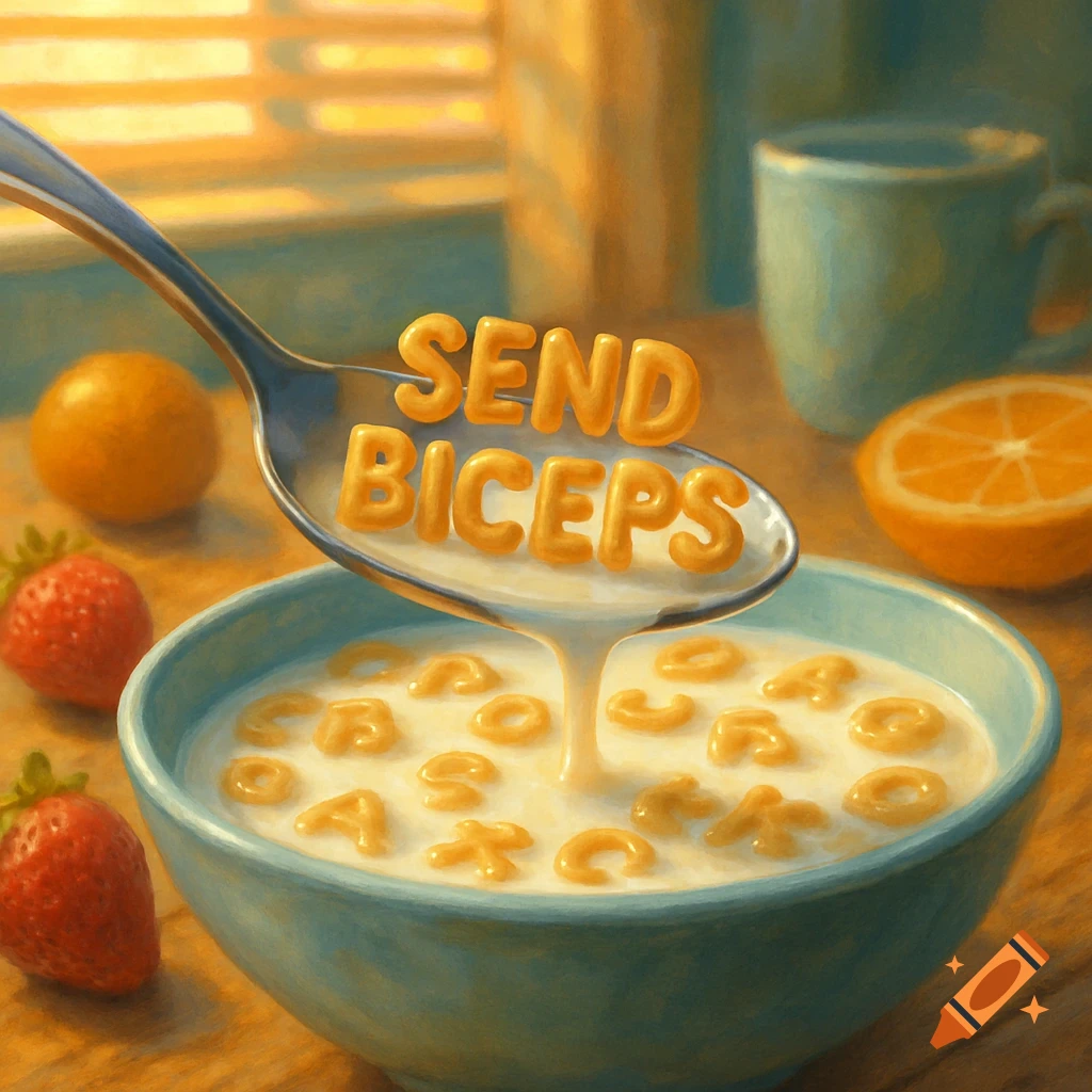 A spoon filled with alphabet cereal spelling "SEND BICEPS" above a bowl of milk and cereal, with fruit on a table.