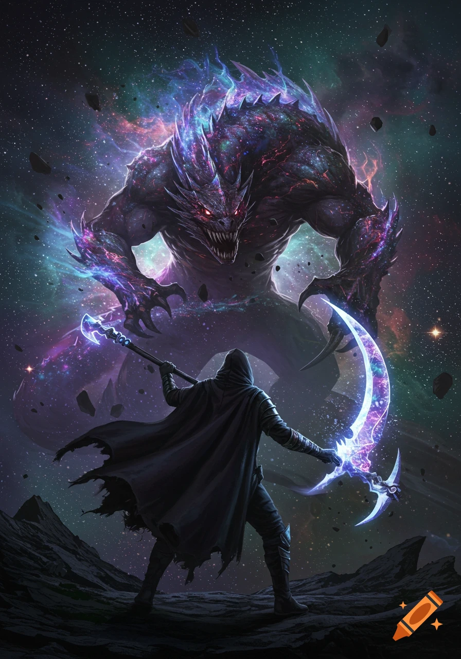 A cloaked figure wielding an ethereal scythe confronts a giant, cosmic monster in a vibrant star-filled space. Dark fantasy art.