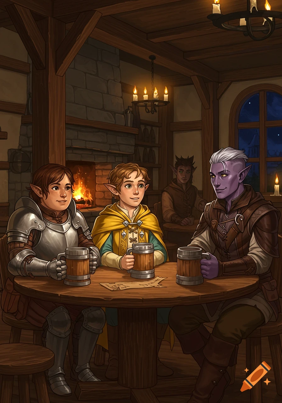 Fantasy characters, including armored, cloaked, and purple-skinned elves, drink in a cozy medieval tavern.