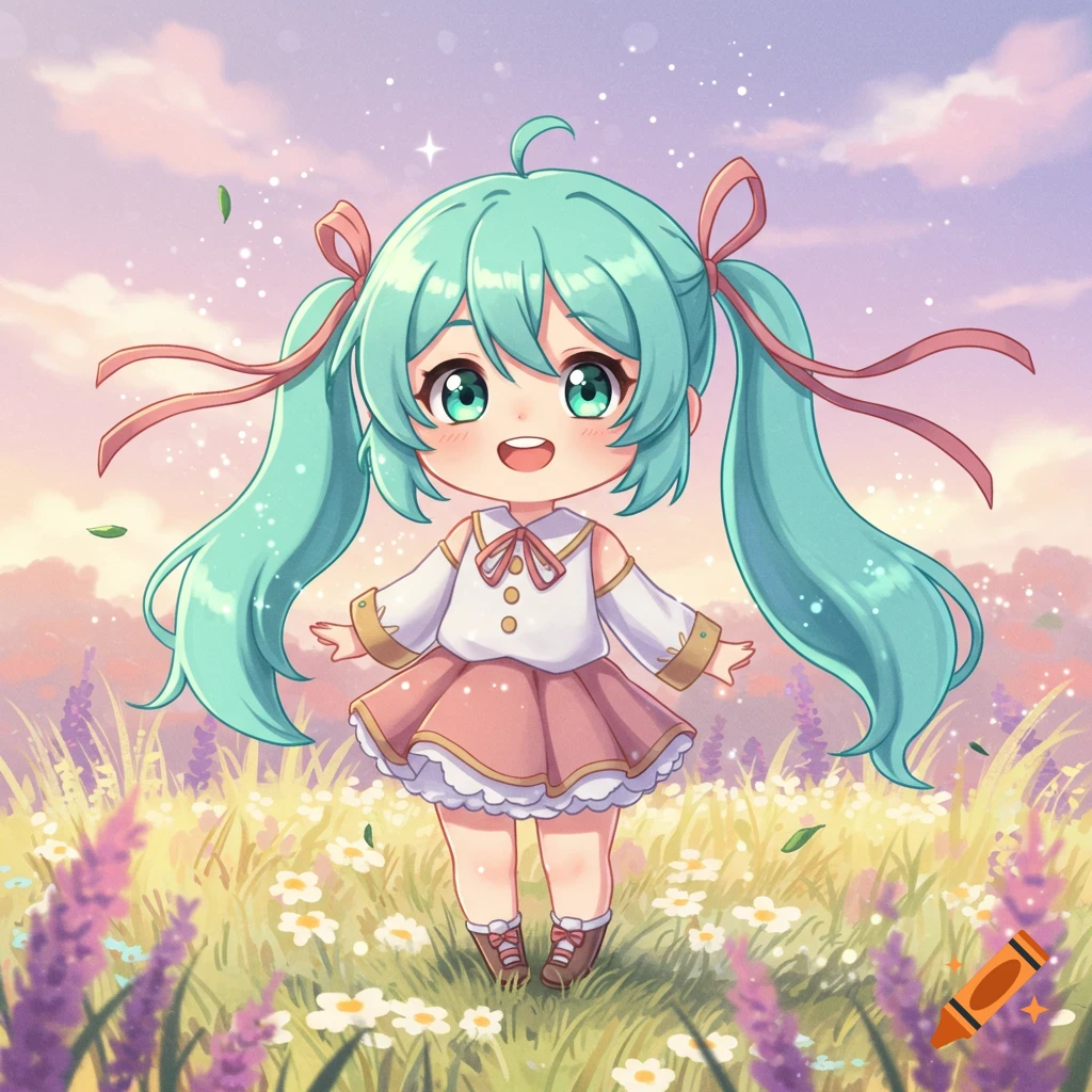 A cute chibi anime girl with mint green pigtails in a field of purple and white flowers under a pastel sky.