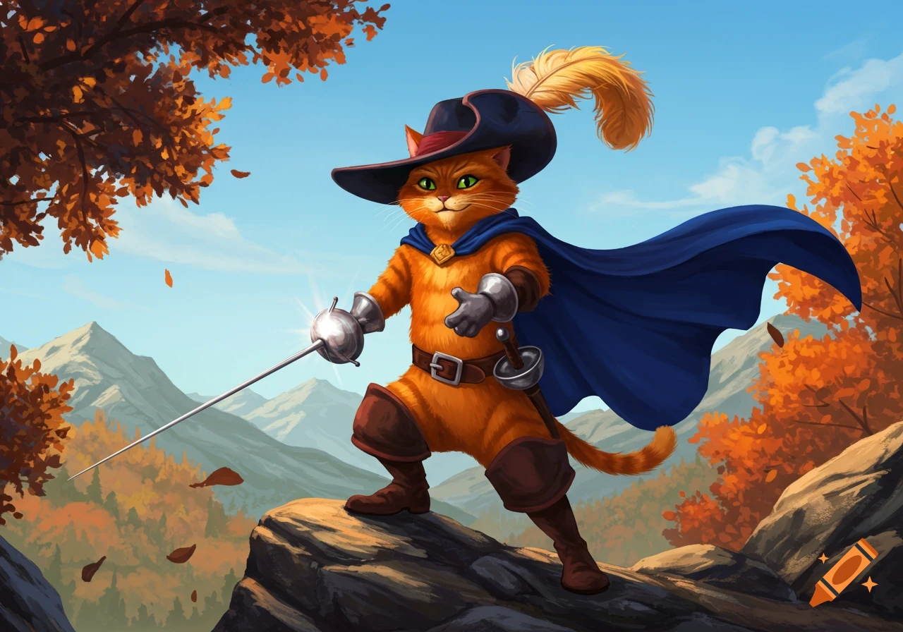 A cartoon orange cat, resembling Puss in Boots, stands on a rock holding a fencing sword, with autumn trees and mountains.