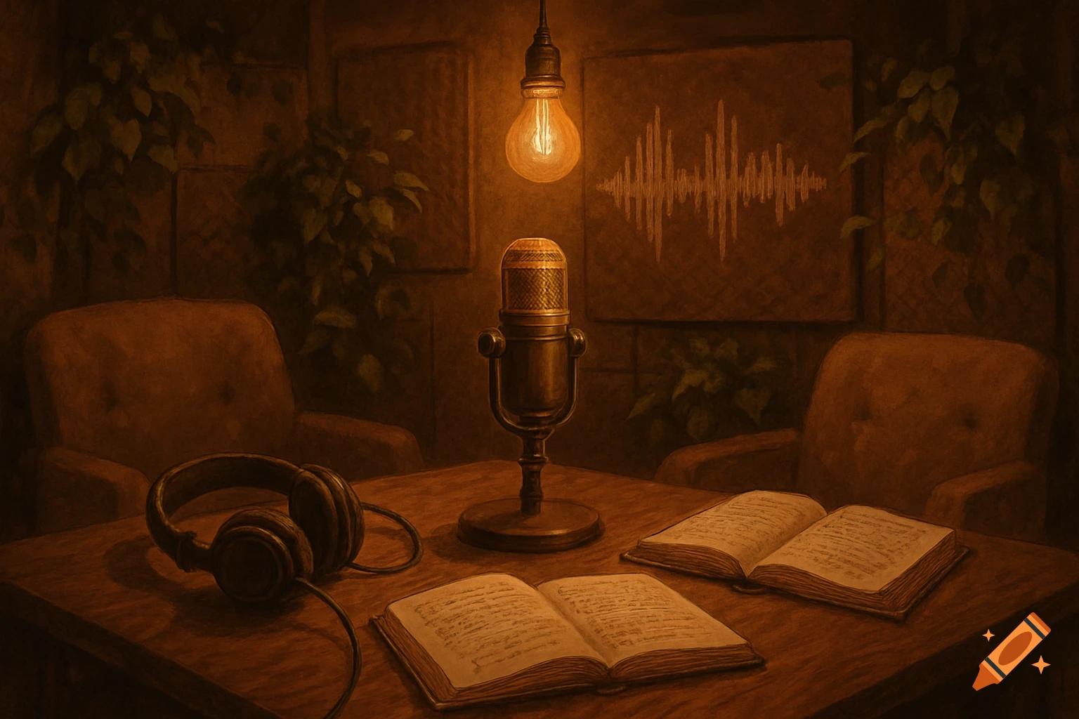 Dimly lit vintage podcast studio with a microphone, headphones, and open books on a wooden table under a single glowing bulb.