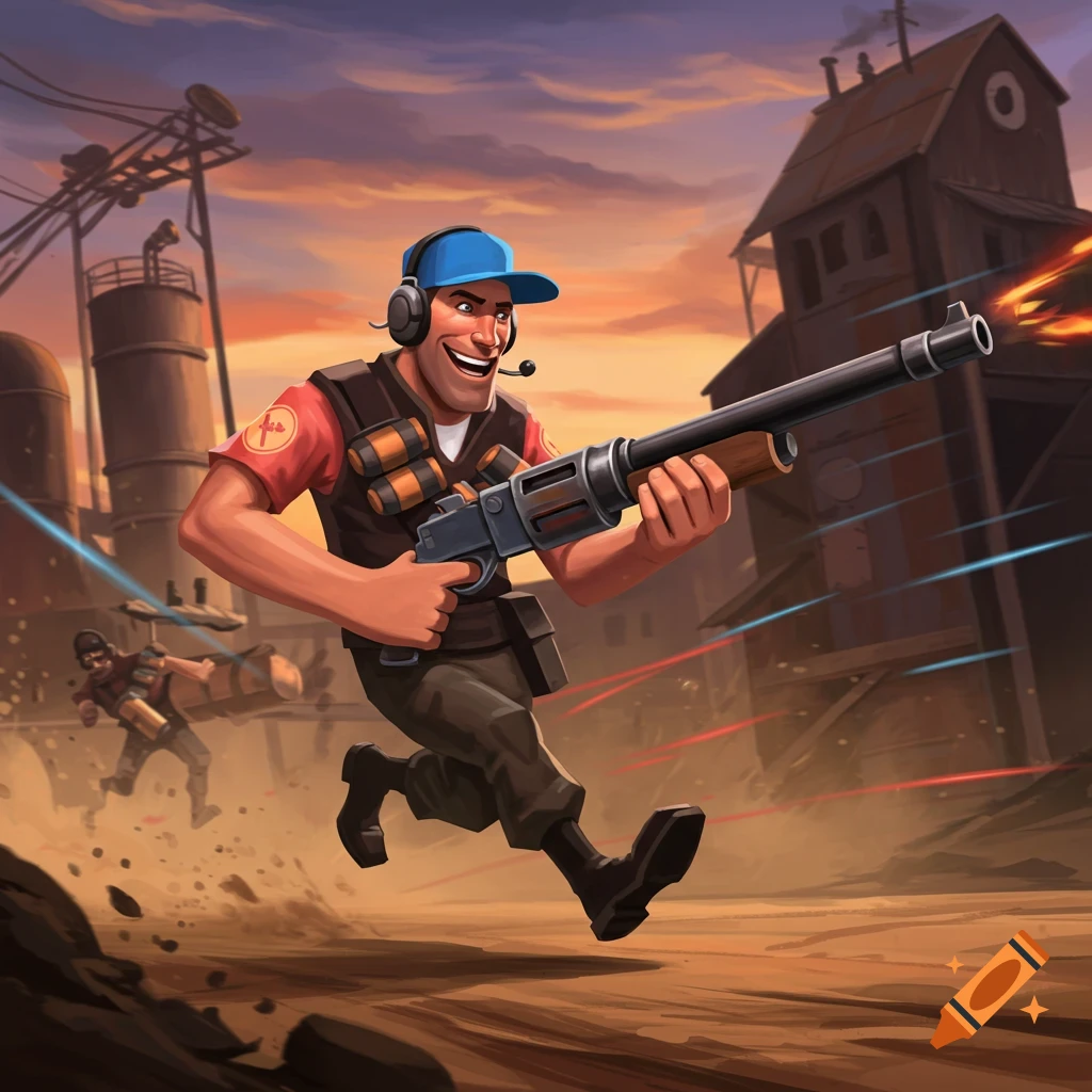 Team Fortress 2 Scout character running with a shotgun across a dusty battlefield at sunset, with industrial buildings in the background. The art style is stylized and cartoonish.