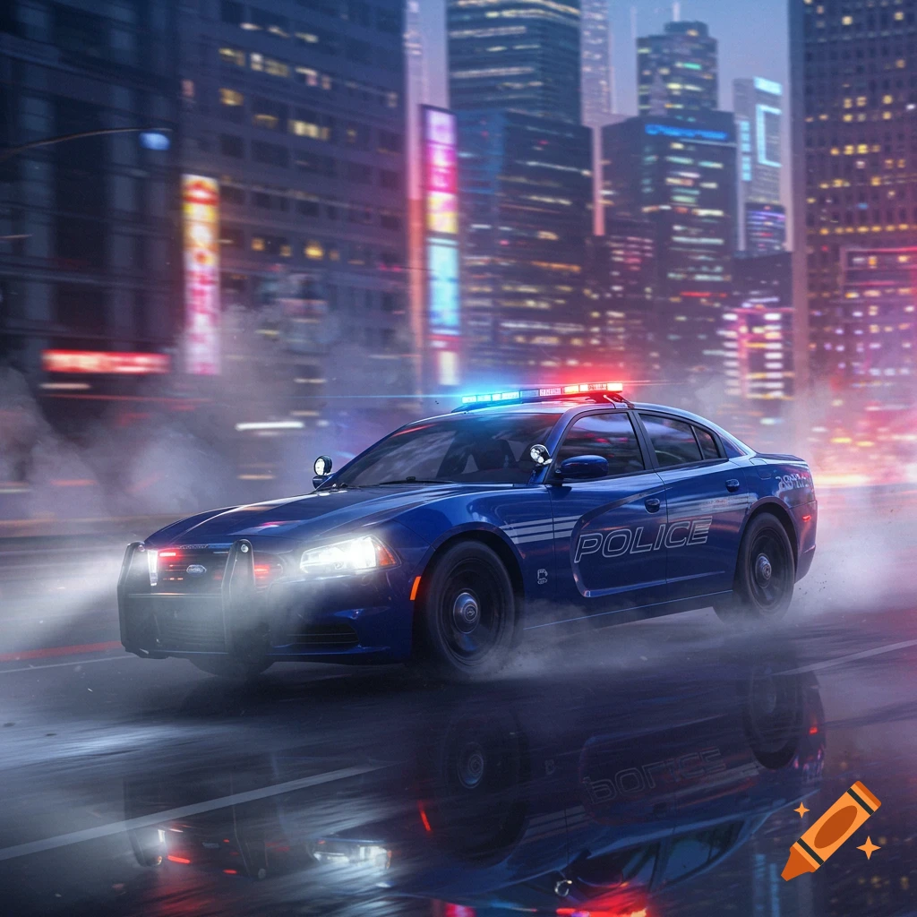 A blue police car with flashing red and blue lights speeds down a wet city street at night, with blurred city lights in the background.