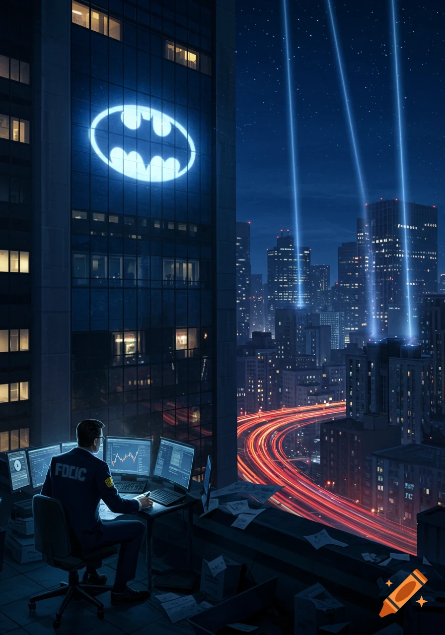 A man with 'FDIC' on his jacket works at a desk overlooking a bustling city at night, with a bright Batman symbol on a skyscraper.