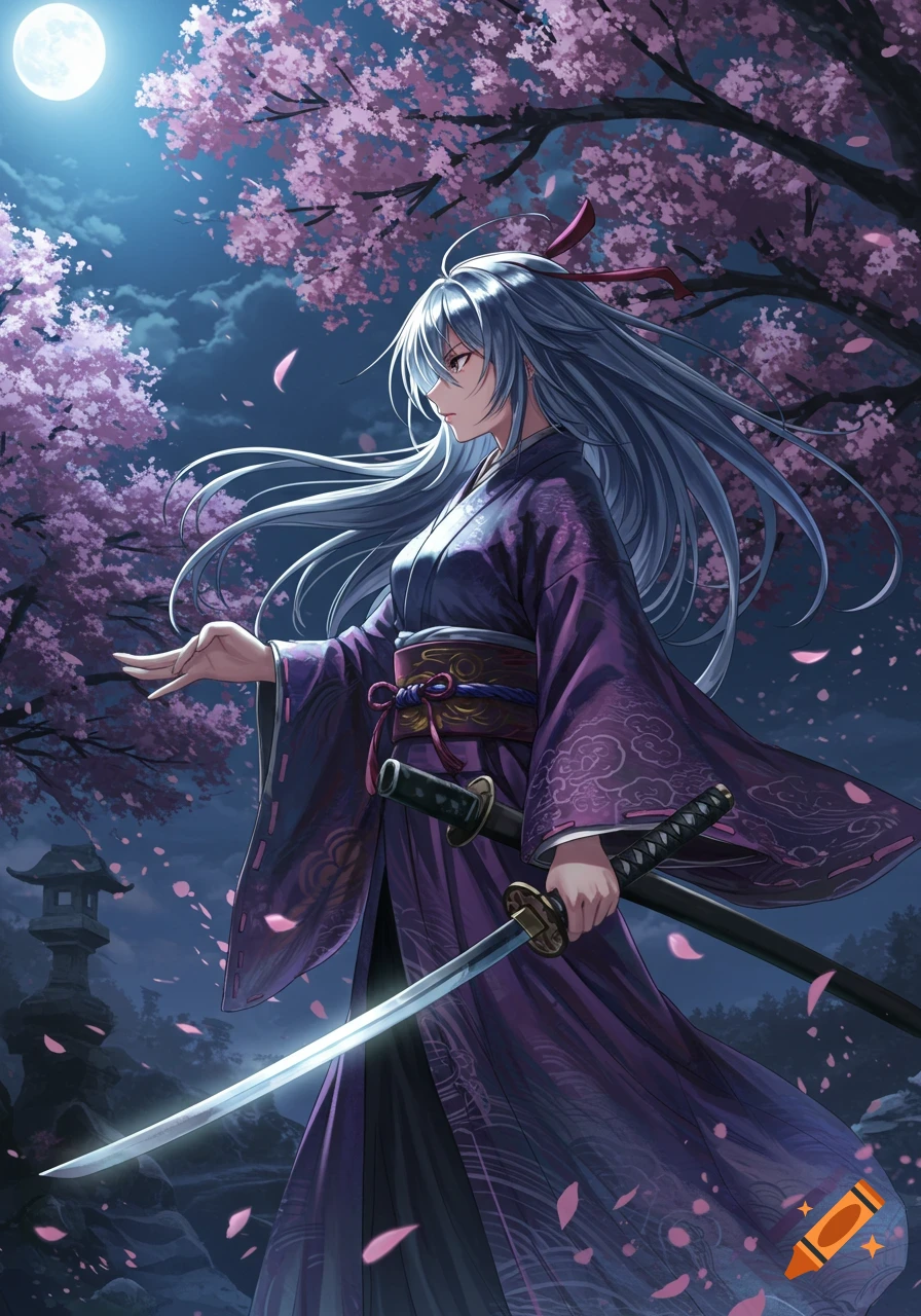 Anime girl in a purple kimono holds a katana under moonlit cherry blossom trees with falling petals and a stone lantern.