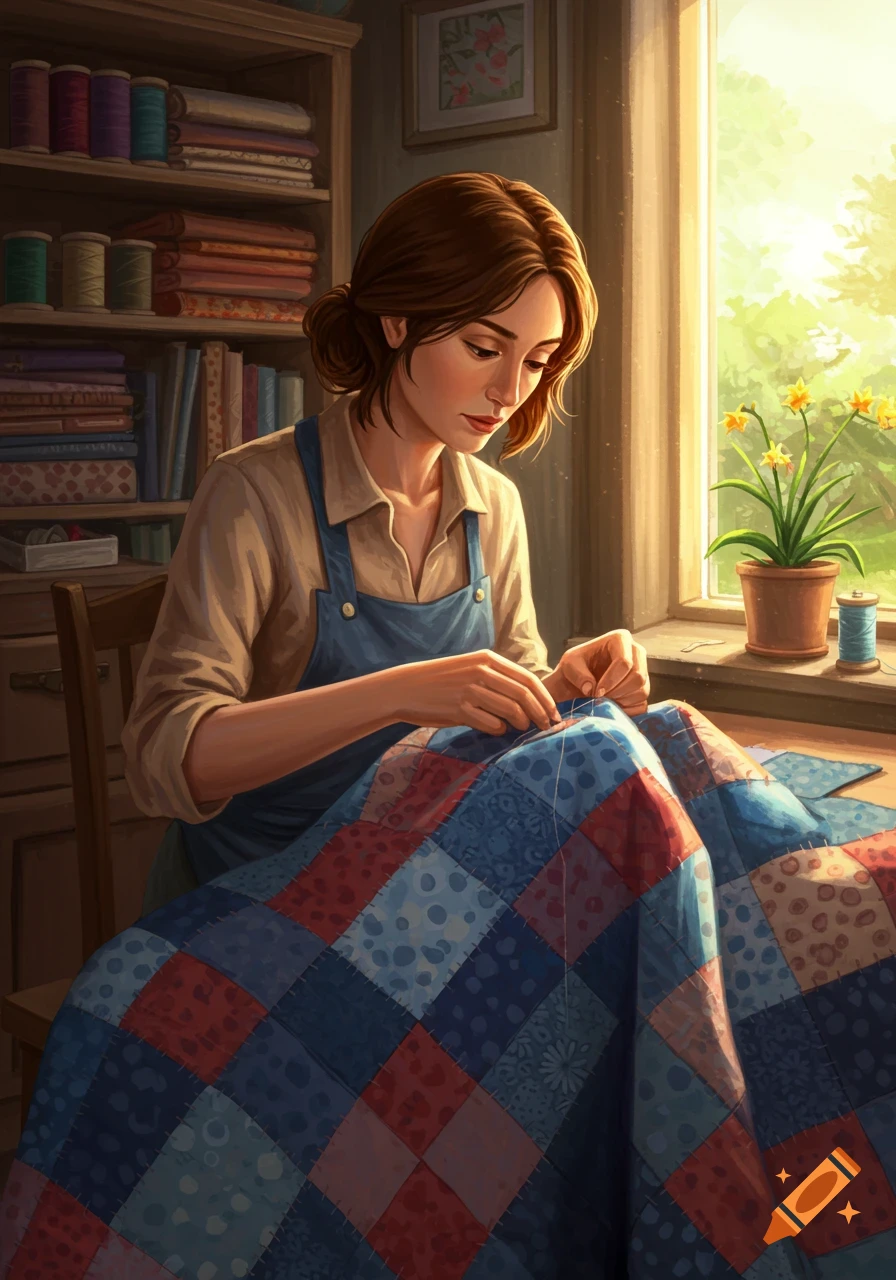 A painterly illustration of a woman in an apron intently sewing a colorful patchwork quilt by a sunlit window.