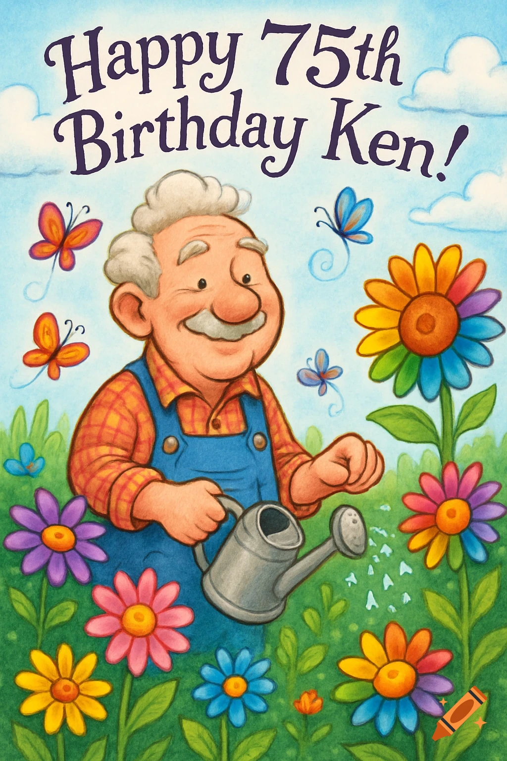 Cartoon of a smiling old man with grey hair and overalls watering colorful flowers. Text reads "Happy 75th Birthday Ken!".