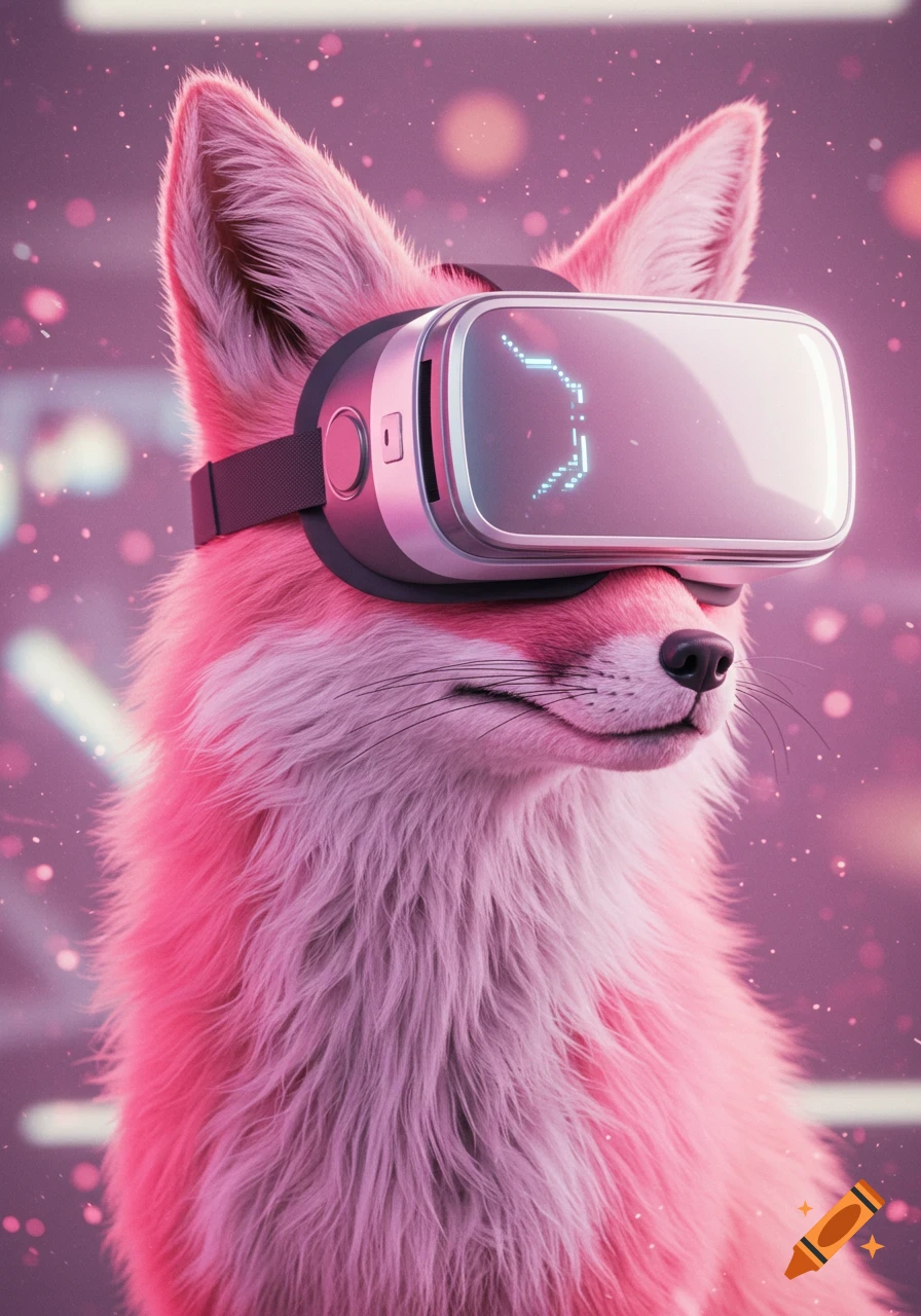 A pink fox wearing a silver VR headset with a glowing blue display, against a bokeh pink background.