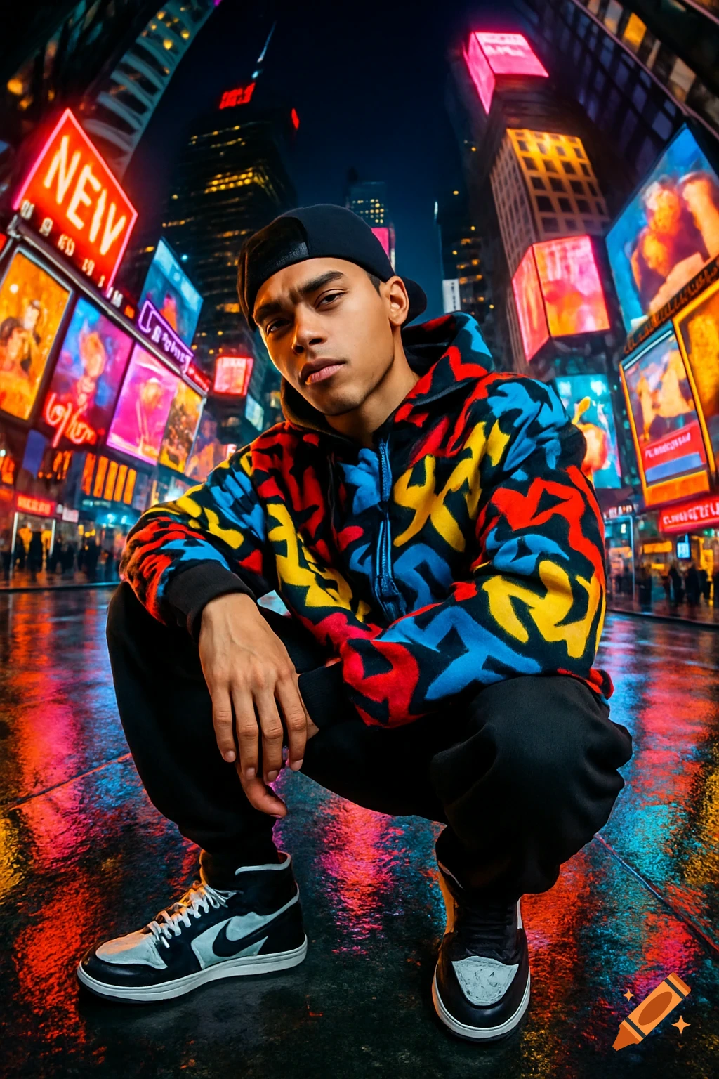 Young man in colorful streetwear squats on a wet city street at night, illuminated by neon lights, captured with a fisheye lens.