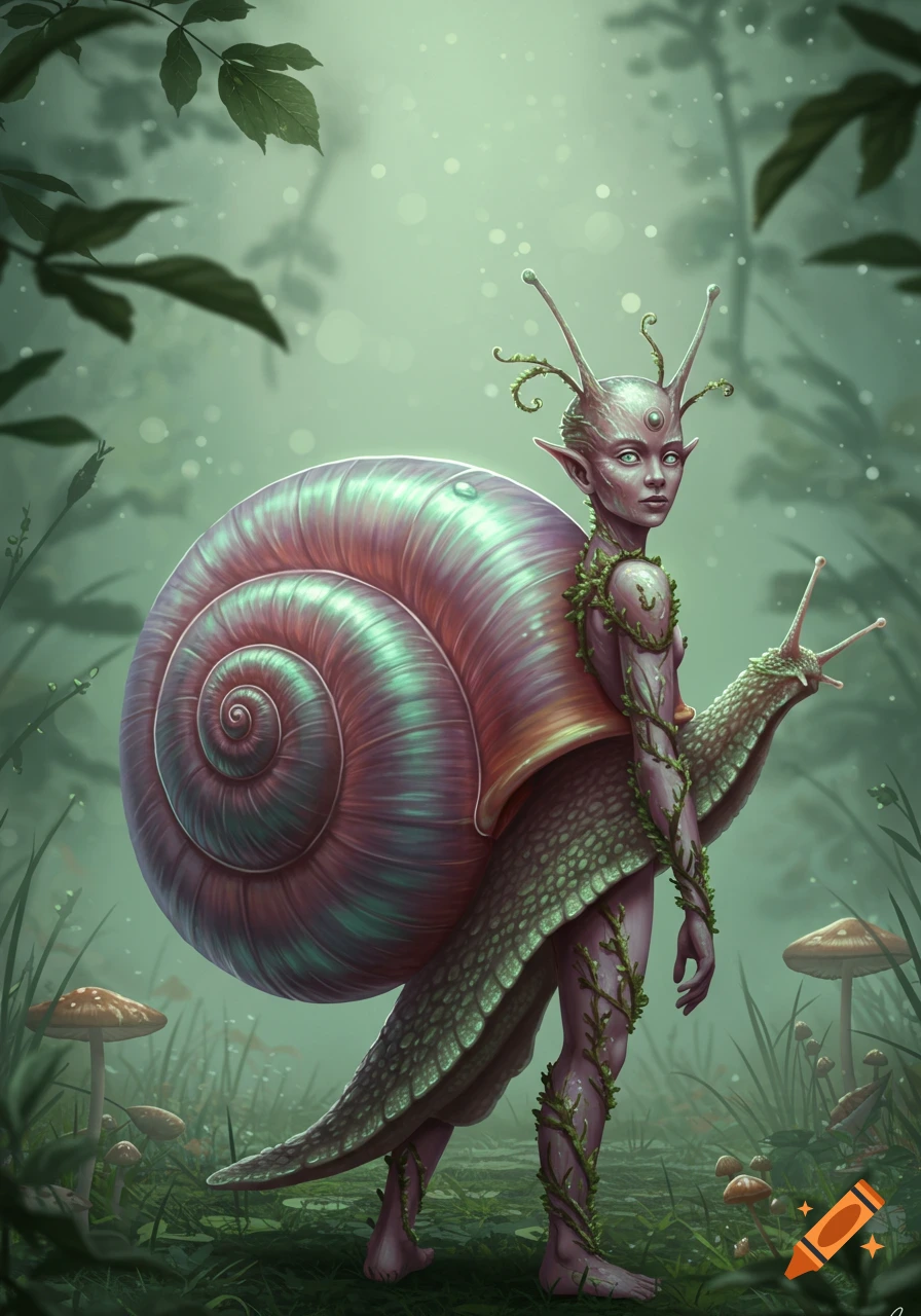 A fantasy snail-human creature with an iridescent shell and vine-covered body stands in a misty forest.