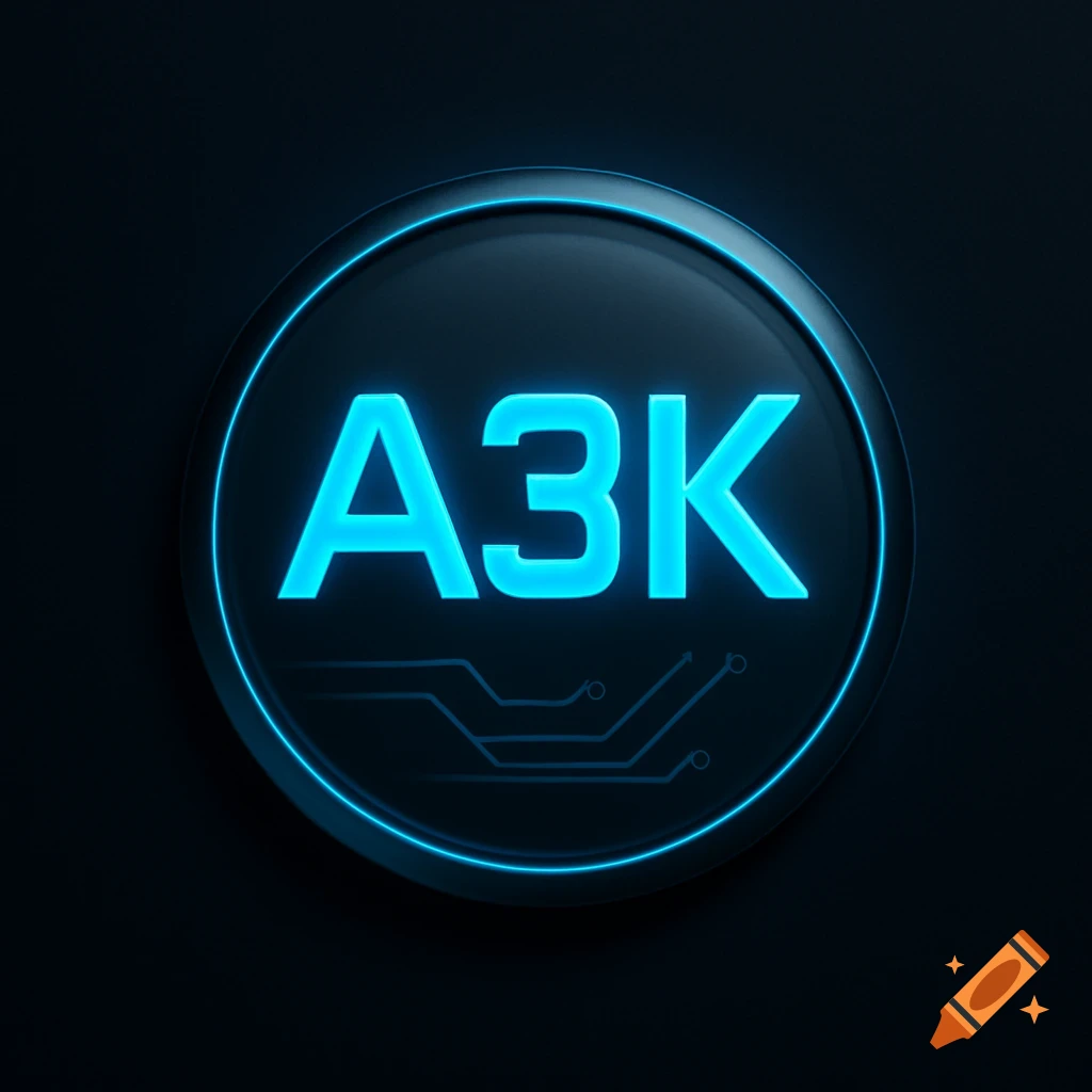 A round, black, futuristic logo with glowing blue text 'A3K' and subtle circuit board patterns.