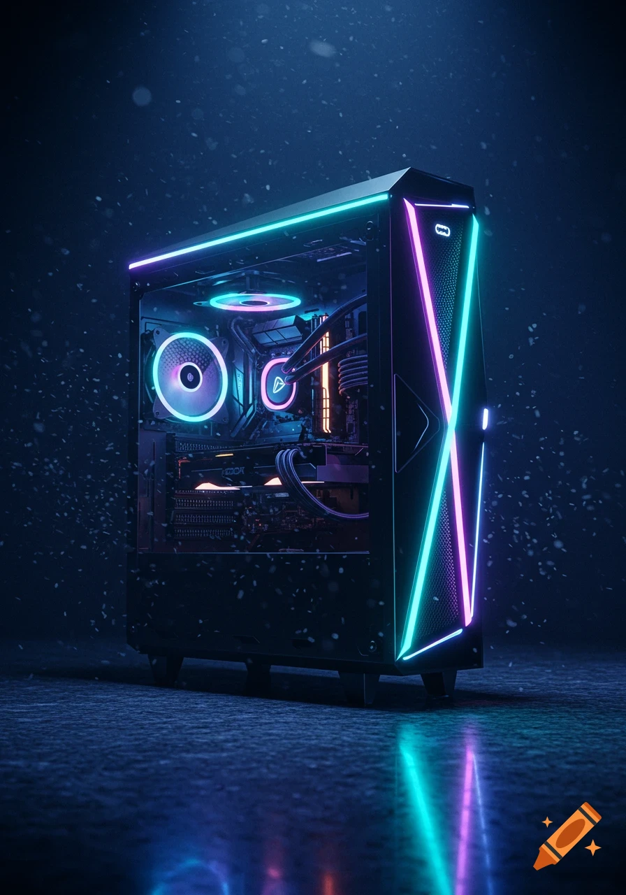A sleek black gaming PC case with vibrant neon pink and blue RGB lighting on the front panel and interior fans, set against a dark, dusty background.
